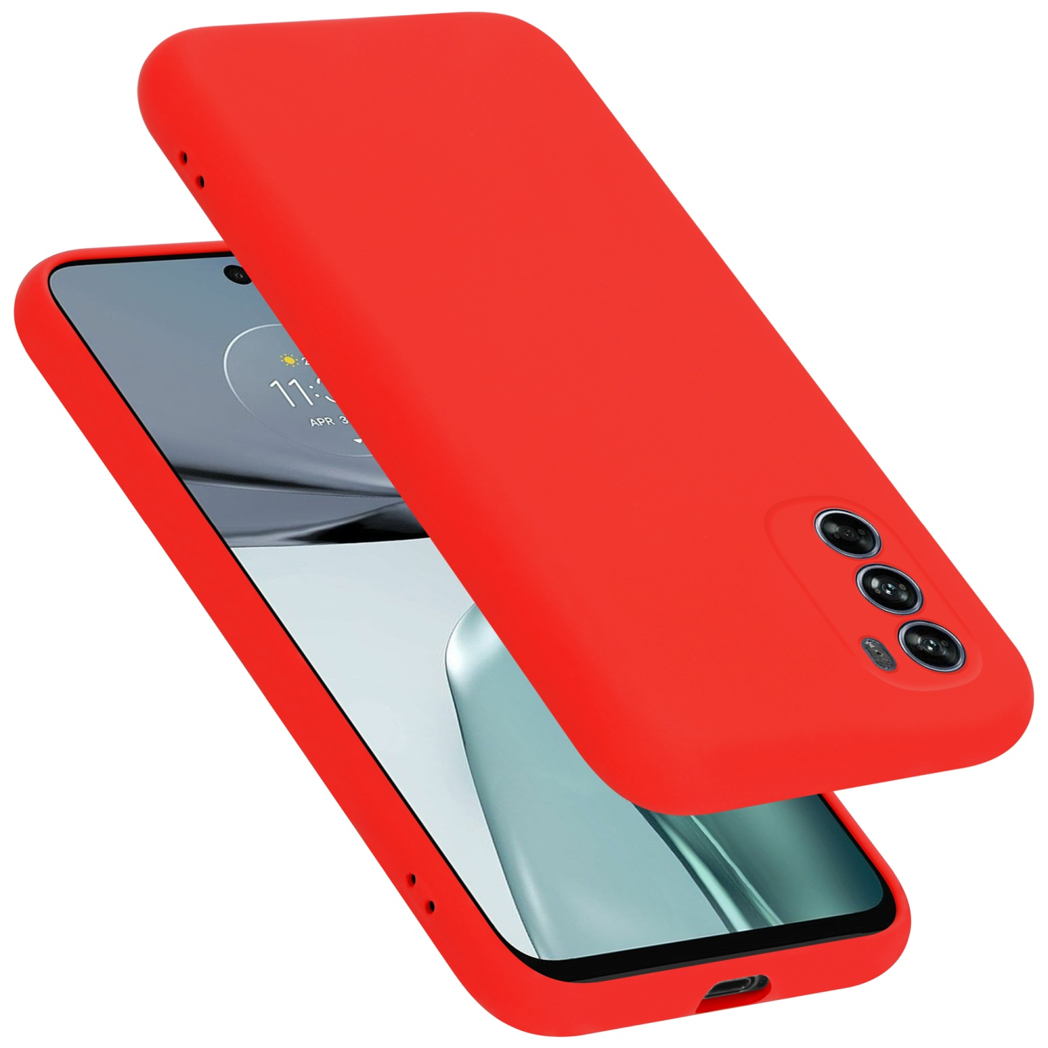 Rotes Telefon mit passendem Case, schräge Ansicht. Zeigt Bildschirm und Kameradetails.