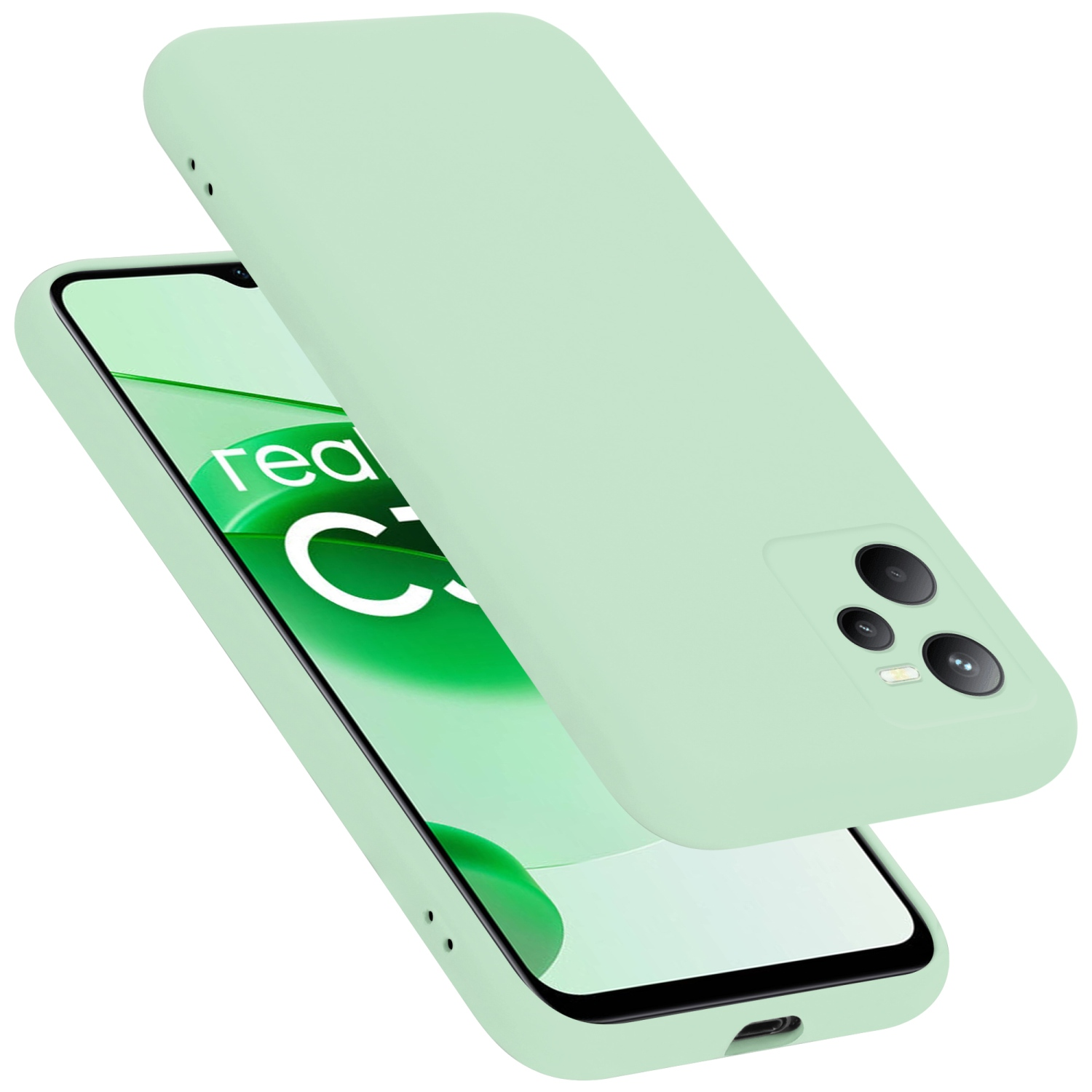 Grüne Handyhülle über einem Telefon, mit dem Wort „rea“ auf dem Display.
