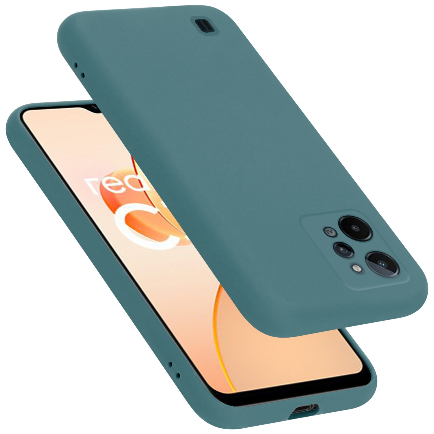 Ein teal-farbenes Telefon mit einer teal-farbenen Hülle. Der Telefonbildschirm zeigt orangefarbenen und weißen Text.