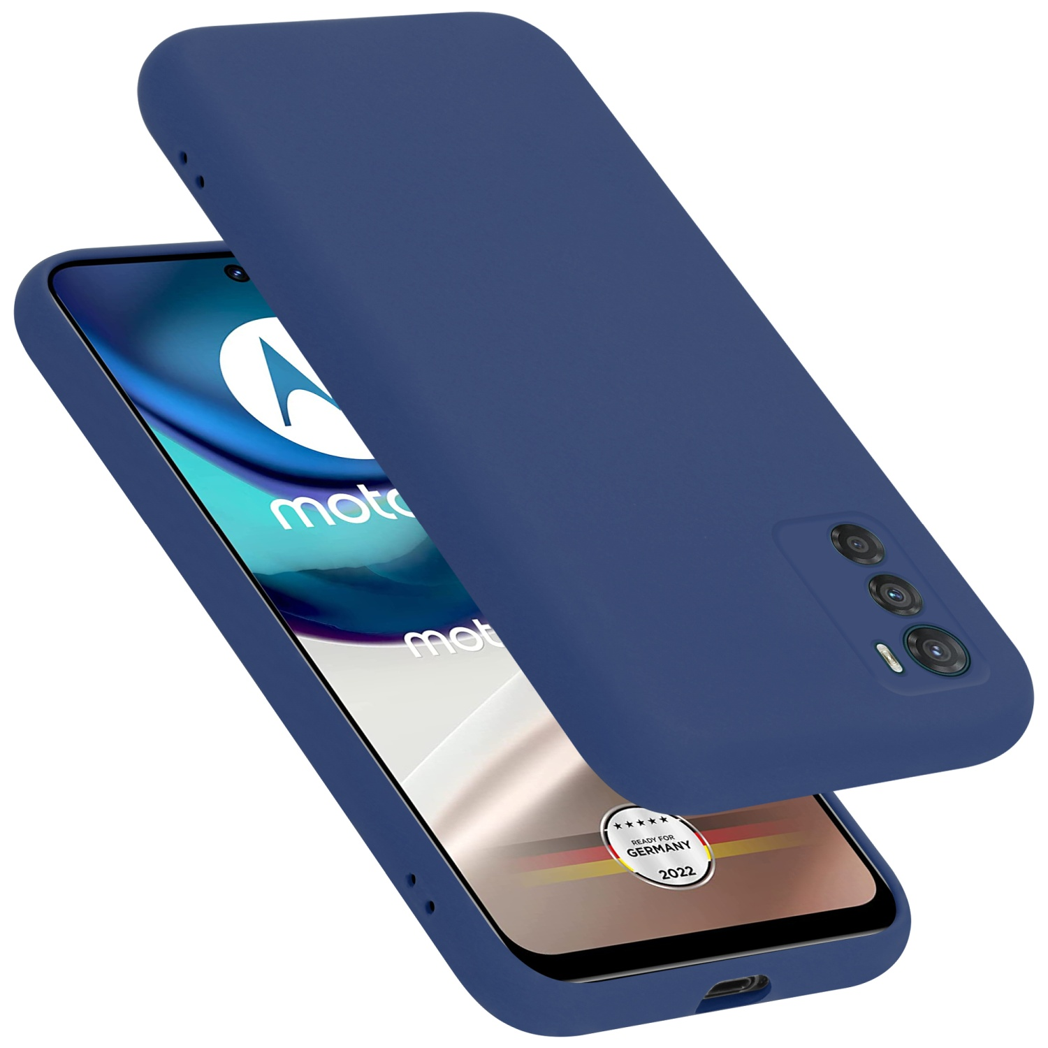 Blaue Telefonhülle auf einem Telefon. Die Hülle ist leicht versetzt und hat einen Kameraausschnitt.