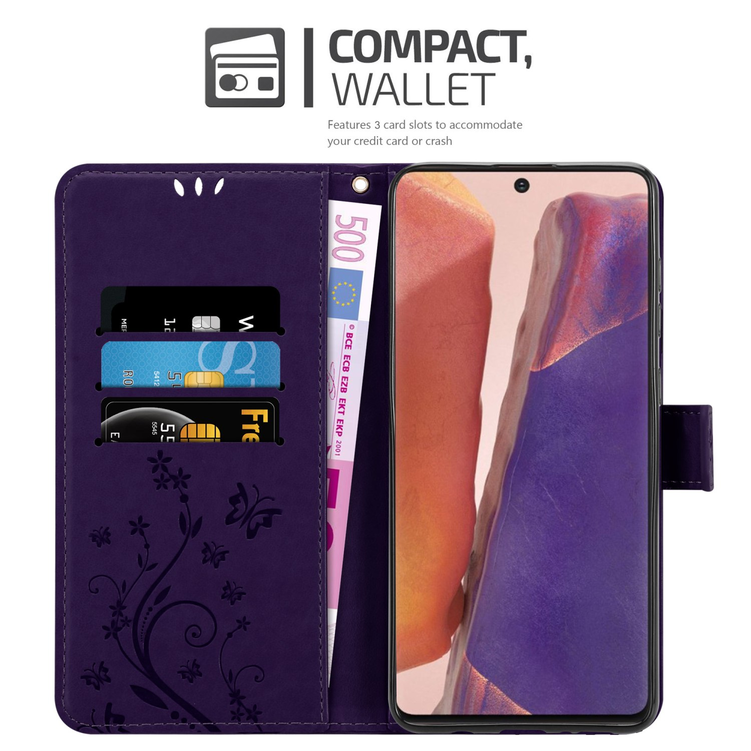 Portafoglio per telefono viola aperto per rivelare carte e contanti. Un telefono è sul lato destro.