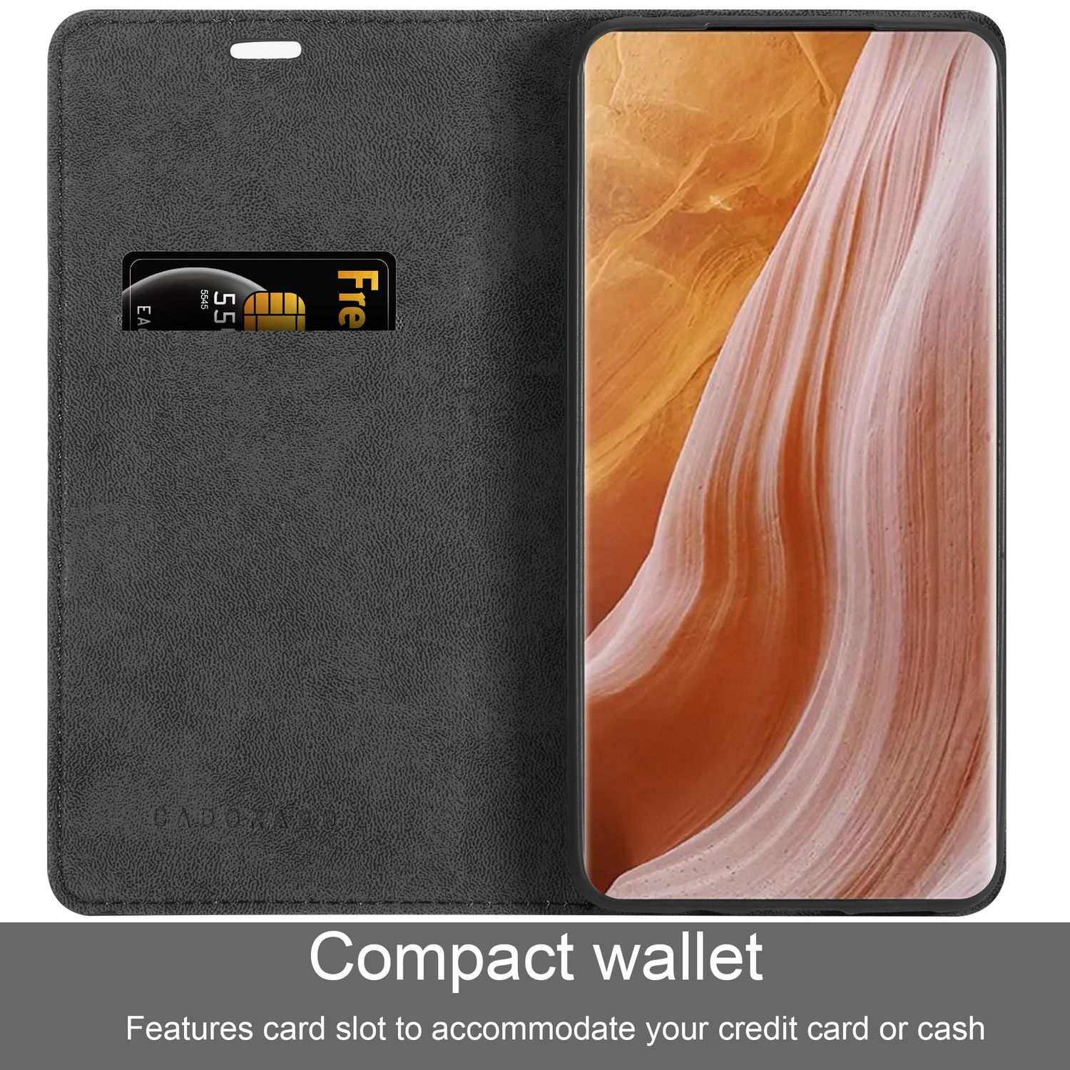 Custodia a portafoglio per telefono con slot per schede. Carta con chip dorato. Aperta per rivelare il telefono.