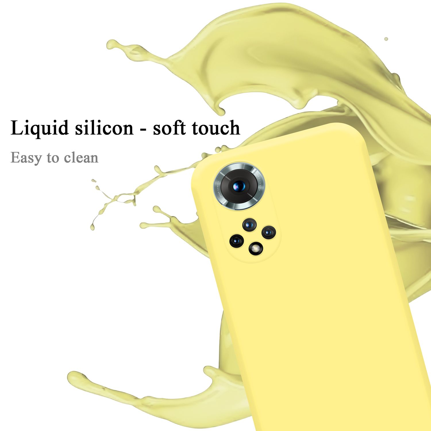 Nahaufnahme einer gelben Handyhülle mit einem Telefon, Flüssigsilikon-Spritzer im Hintergrund.