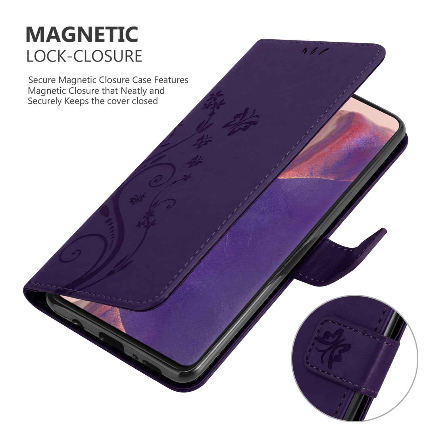 Una custodia per telefono viola, aperta, che mostra un telefono all'interno. La custodia ha un design floreale e una chiusura magnetica.
