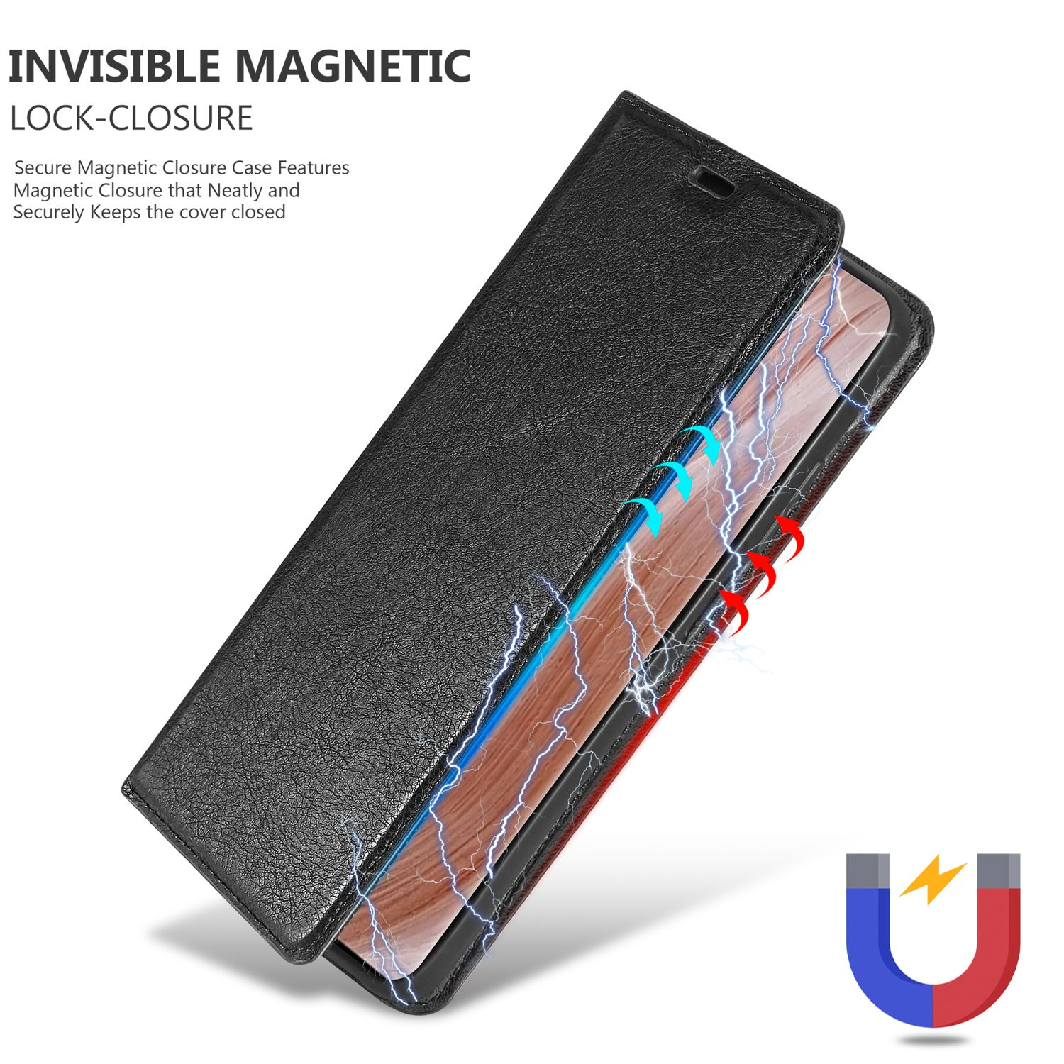 Una custodia nera per telefono aperta. C'è una chiusura magnetica. Il telefono ha un fulmine blu.