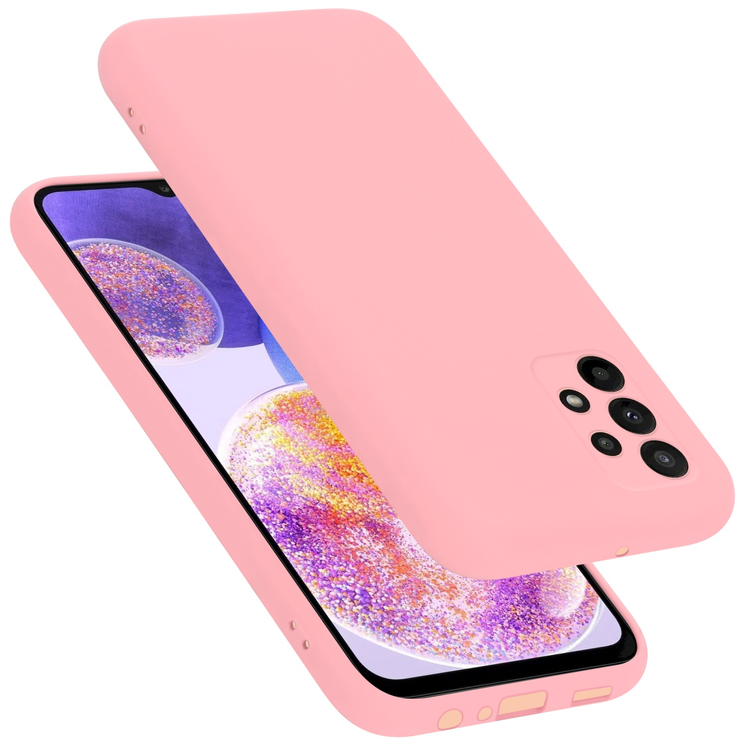 Rosa Handyhülle auf einem Telefon. Die Hülle ist leicht versetzt und hat einen Kameraausschnitt.