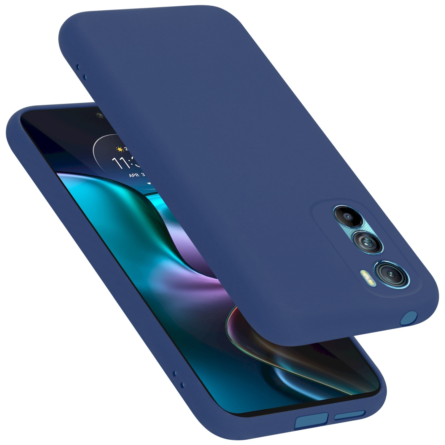 Eine marineblaue Handyhülle bedeckt ein Telefon. Kameralinsen sind sichtbar. Die Hülle schwebt.
