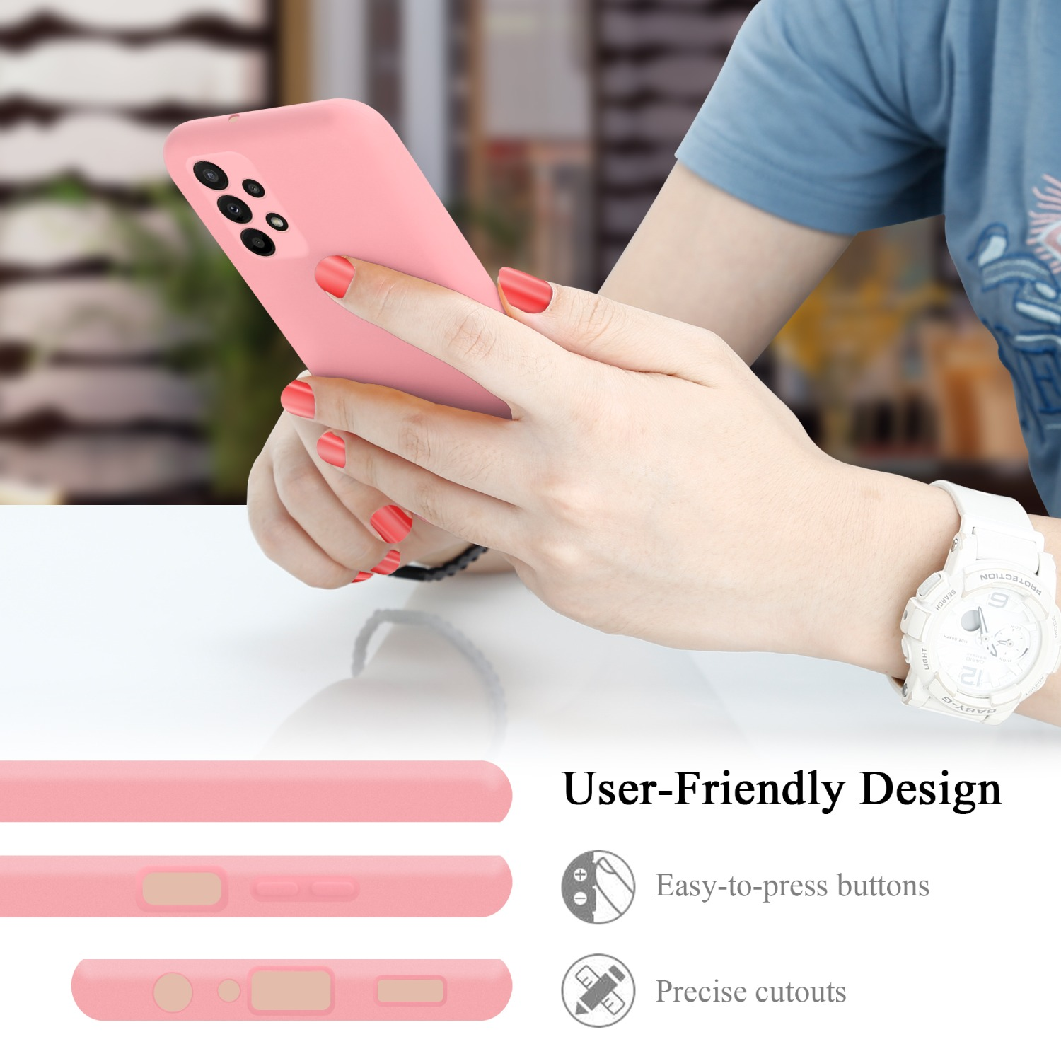 Hände einer Frau halten eine pinke Handyhülle. Text 'Benutzerfreundliches Design' und Symbole sind vorhanden.