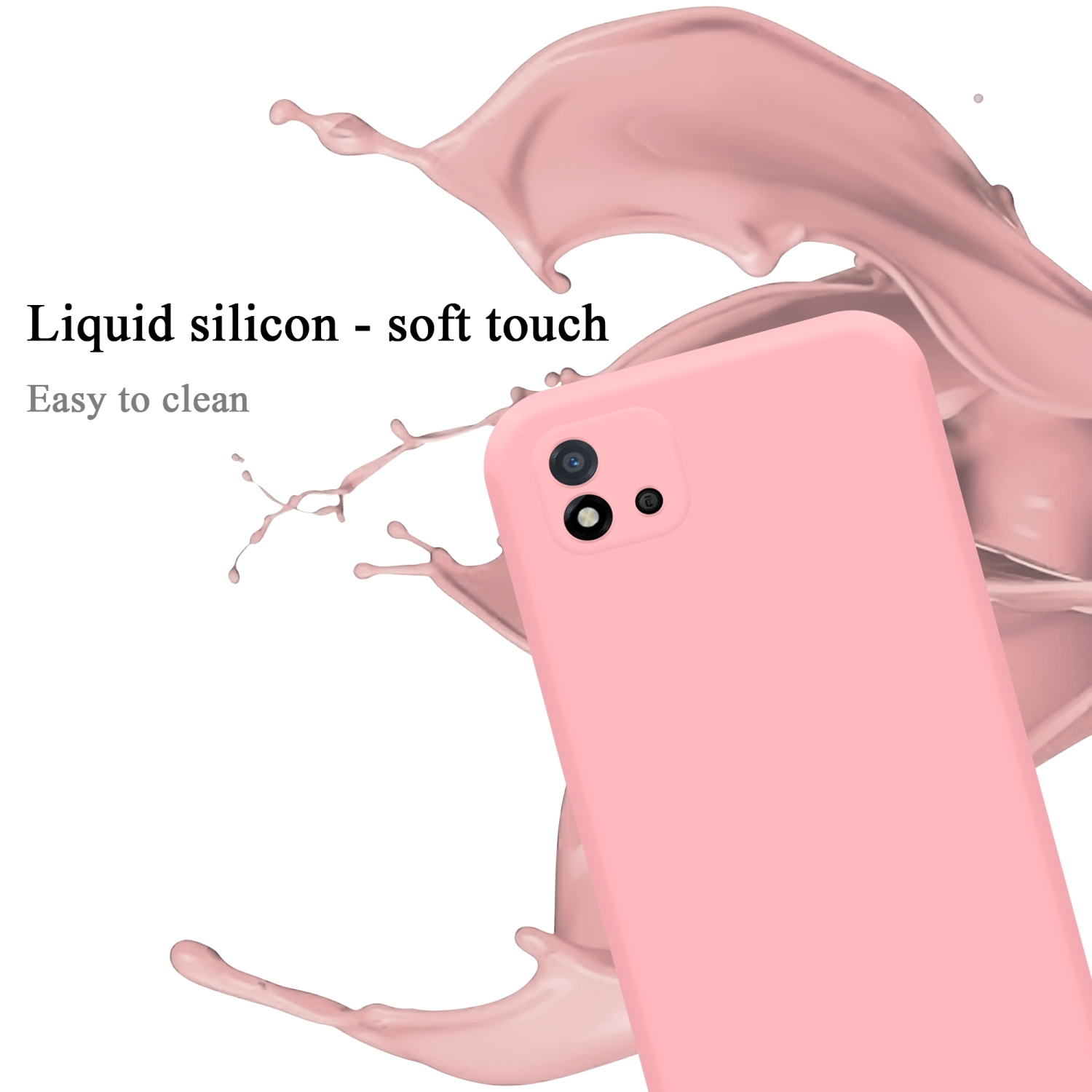 Handyhülle mit Spritzer. Text: Flüssiges Silikon - weiche Haptik.