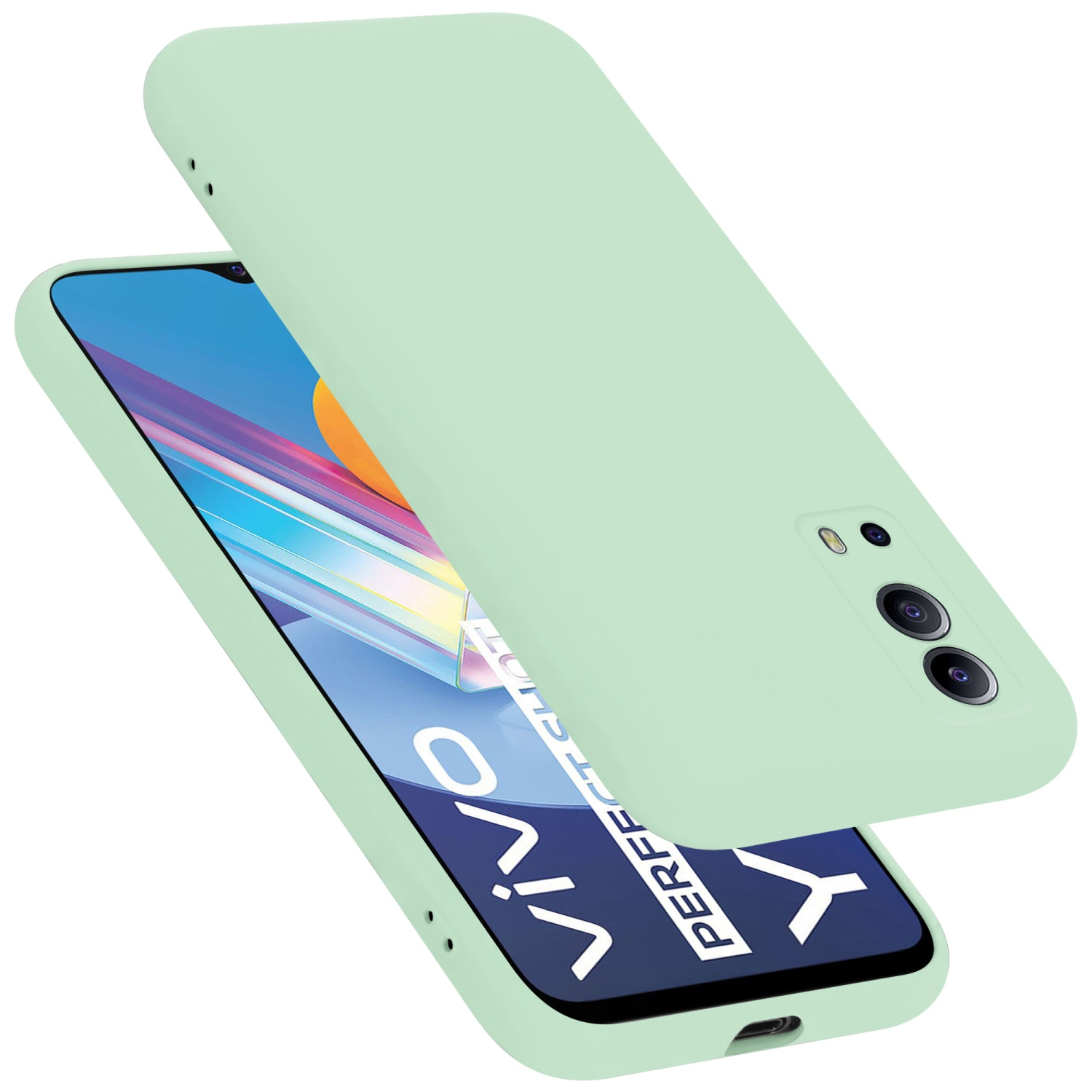 Eine hellgrüne Handyhülle bedeckt ein Telefon. Die Hülle schwebt über dem Telefon. Vivo-Marke sichtbar.