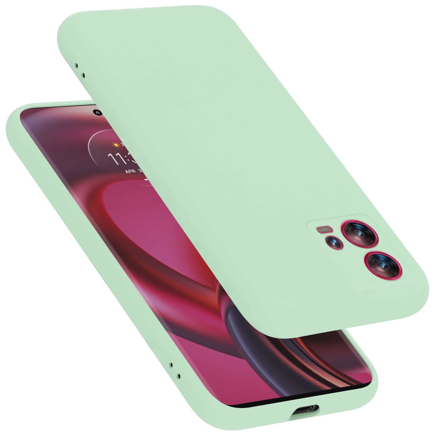 Mintgrünes Telefon mit passendem Case, schräge Ansicht. Zeigt Bildschirm und Kameradetails.