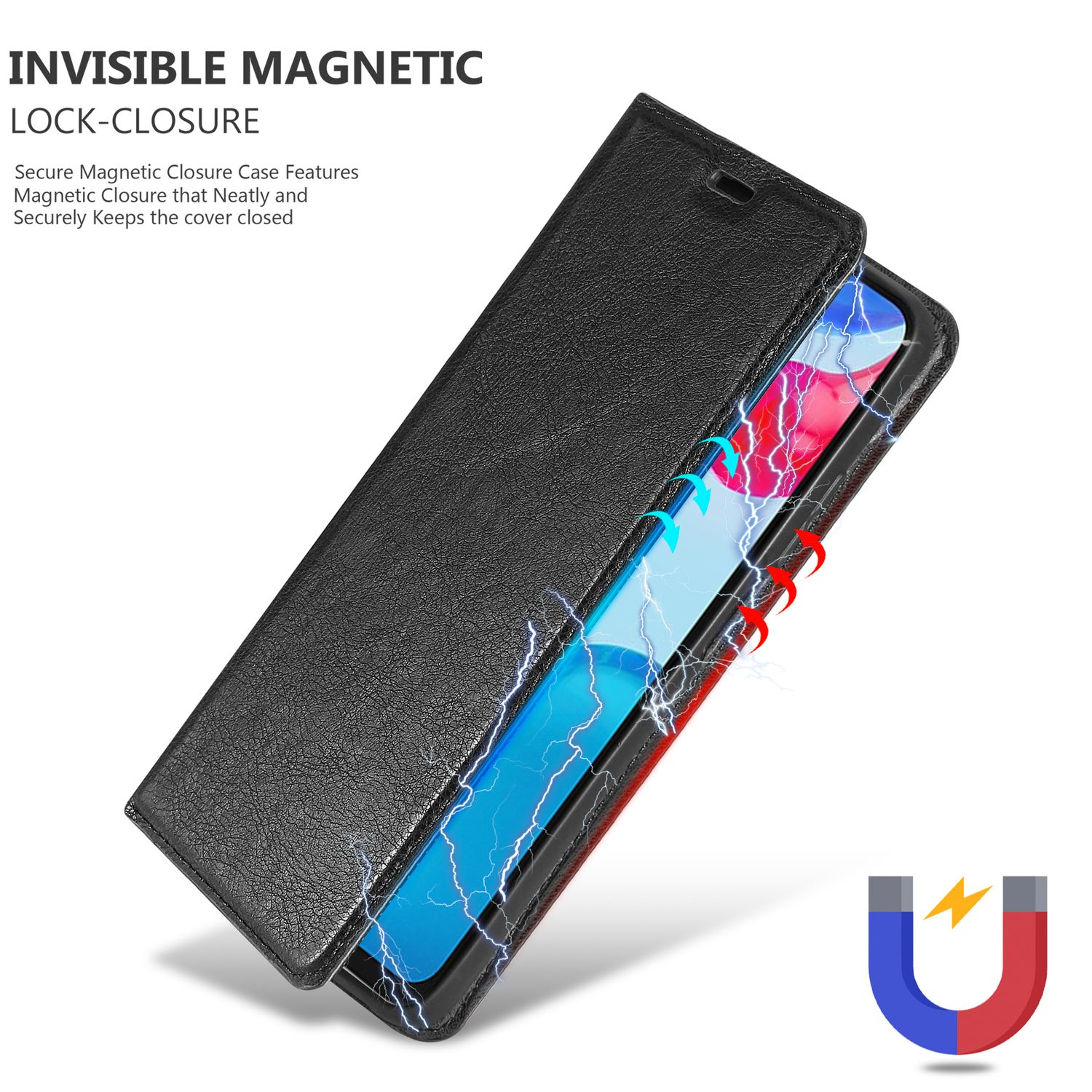 Custodia nera per telefono aperta, che mostra telefono e chiusura magnetica.