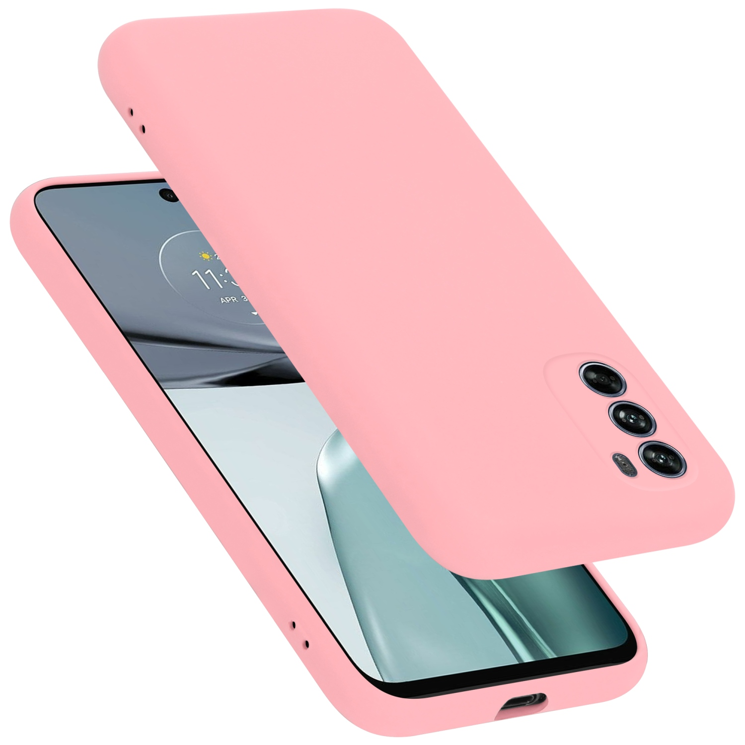 Rosa Handyhülle, offen, mit sichtbar. Das Telefon ist rosa.