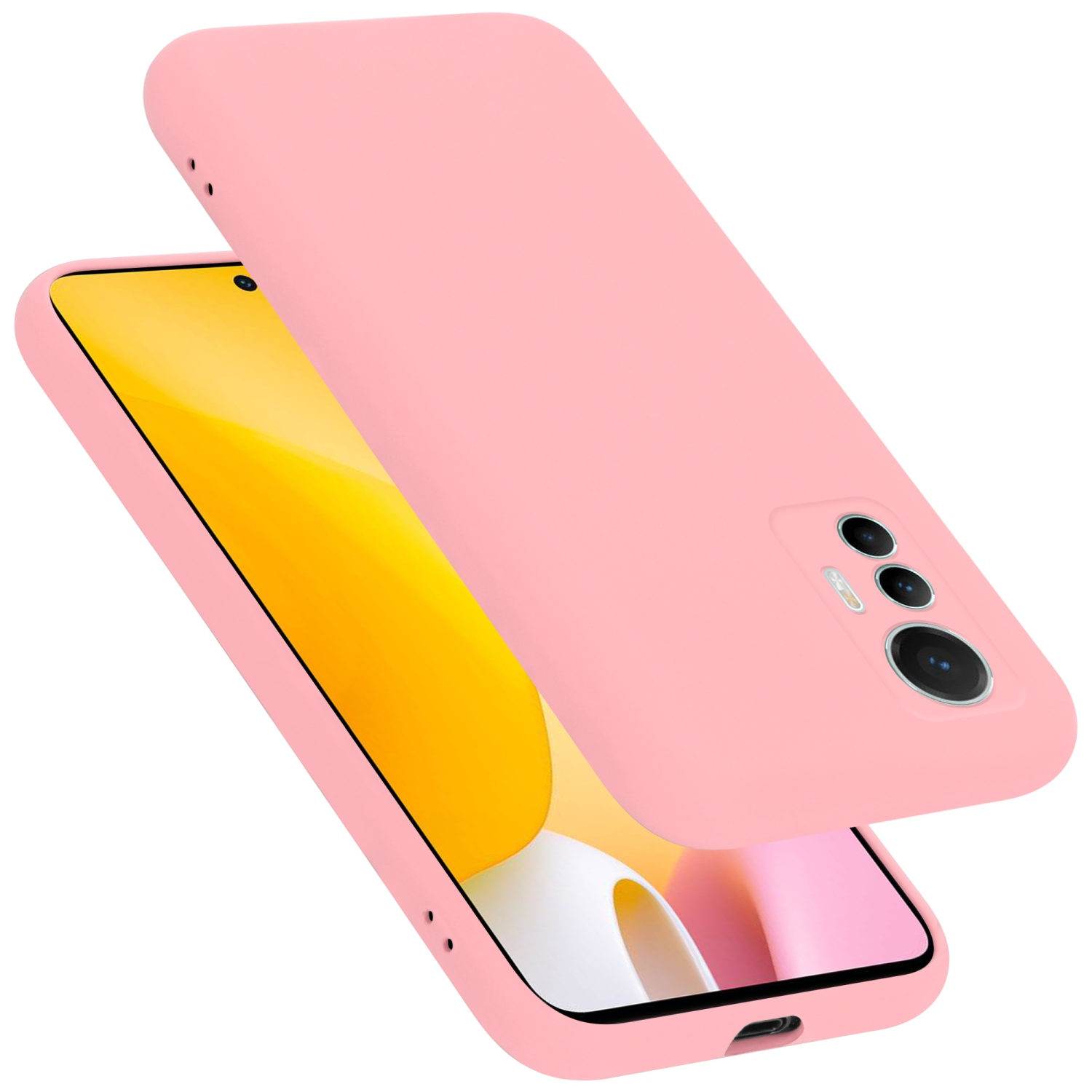Rosa Handyhülle auf einem Telefon. Die Hülle ist leicht versetzt und hat einen Kameraausschnitt.