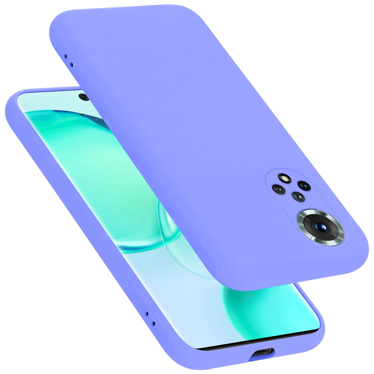 Eine lila Handyhülle mit einem Telefon. Hülle und Telefon sind sichtbar. Die Handyhülle ist in der Luft.