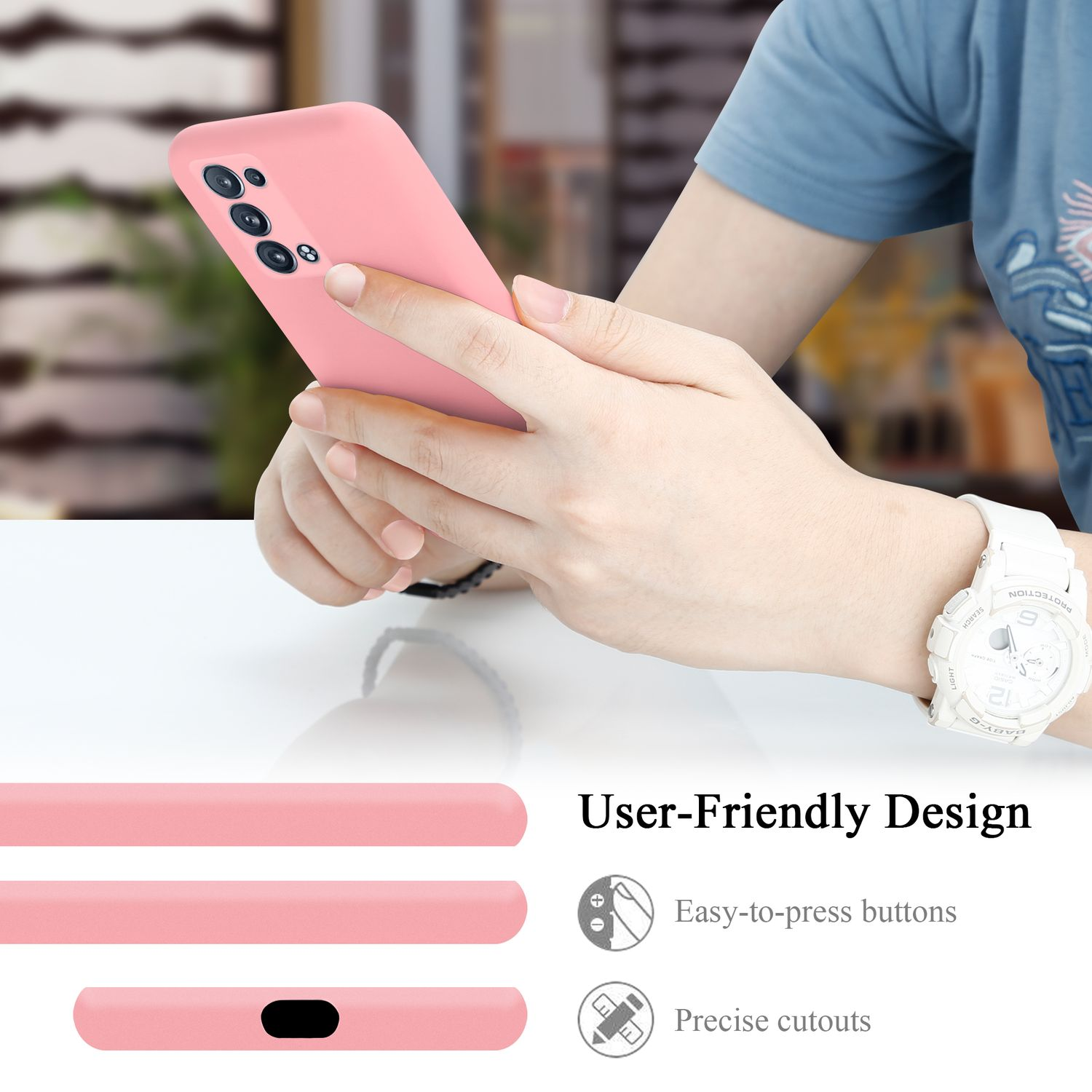 Eine Person hält ein rosa Telefon mit benutzerfreundlichem Design.