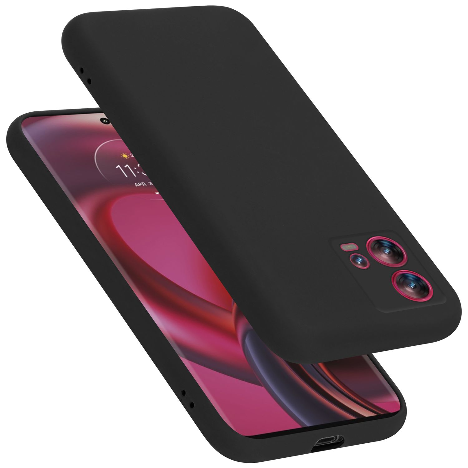 Schwarze Handyhülle mit schwarzem Telefon. Die Handyhülle ist geöffnet.