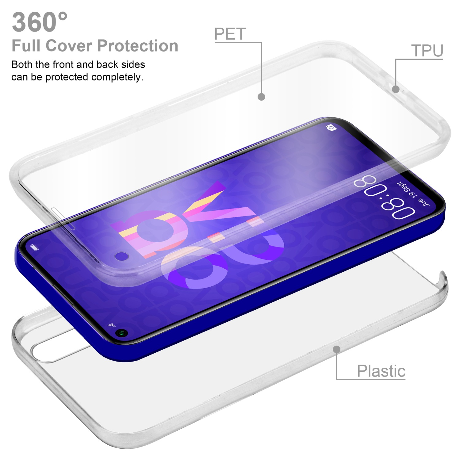 Ein Telefon in einer transparenten Hülle, die Front- und Rückseite schützt.