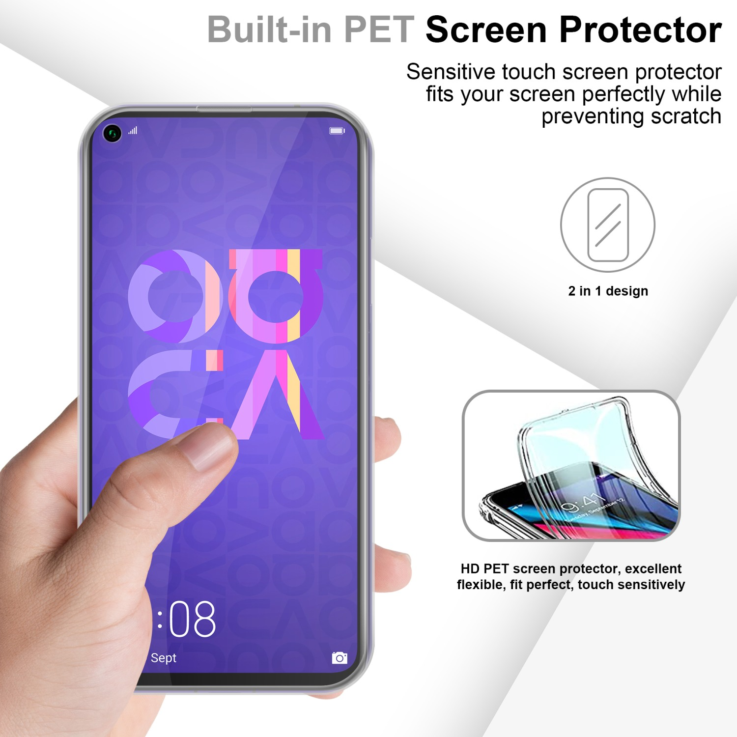Eine Hand hält ein Telefon mit Displayschutz. Das Telefon zeigt ein Logo. Ein 2-in-1-Design wird gezeigt.