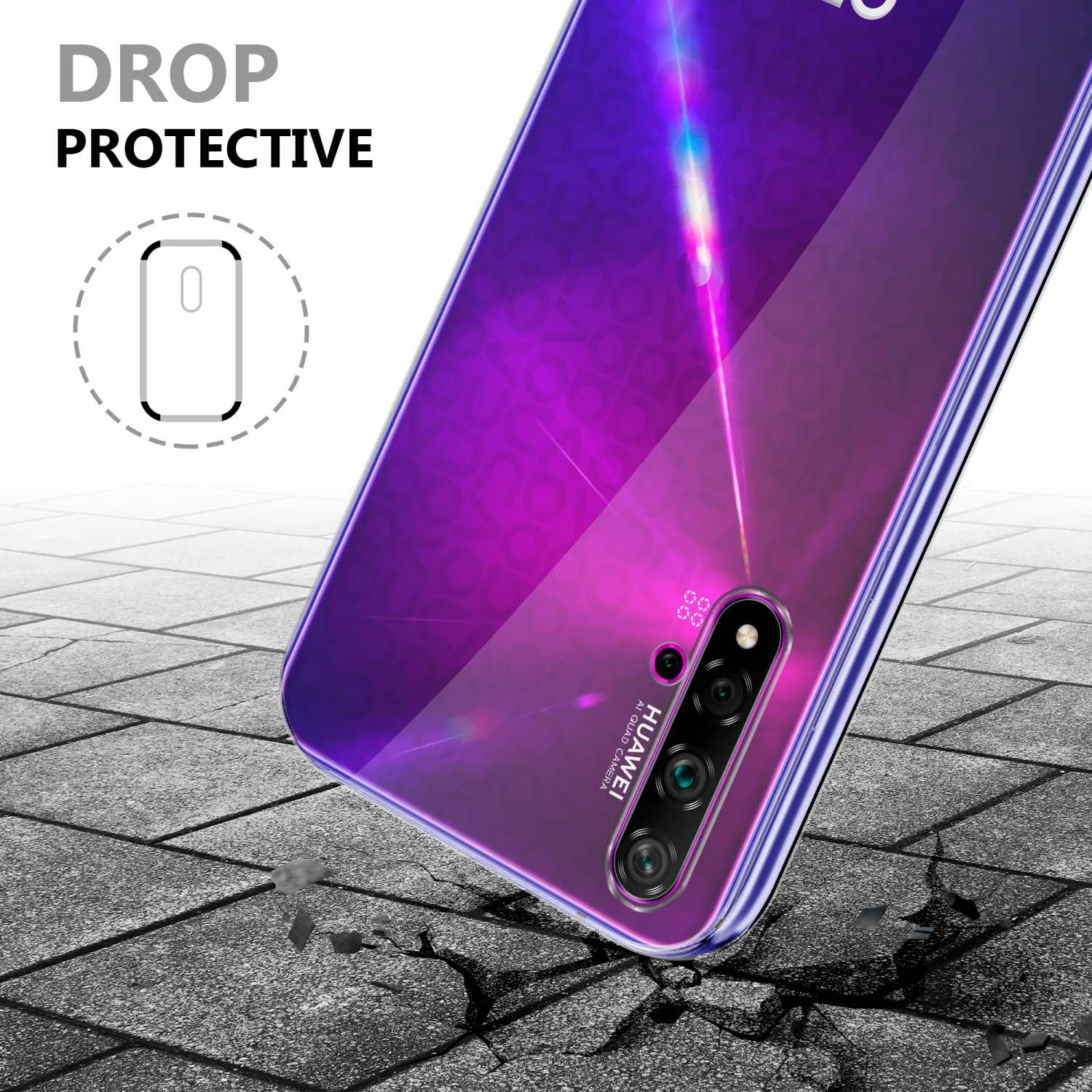 Lila Telefon, abgewinkelt, auf rissiger Oberfläche. Text: 'DROP PROTECTIVE'. Telefon hat Kamera.