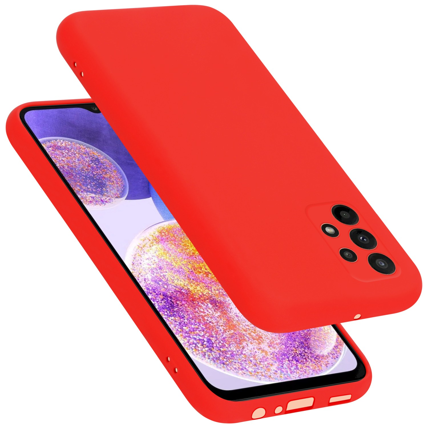 Eine rote Handyhülle mit einem Telefon. Hülle und Telefon sind sichtbar. Die Handyhülle ist in der Luft.