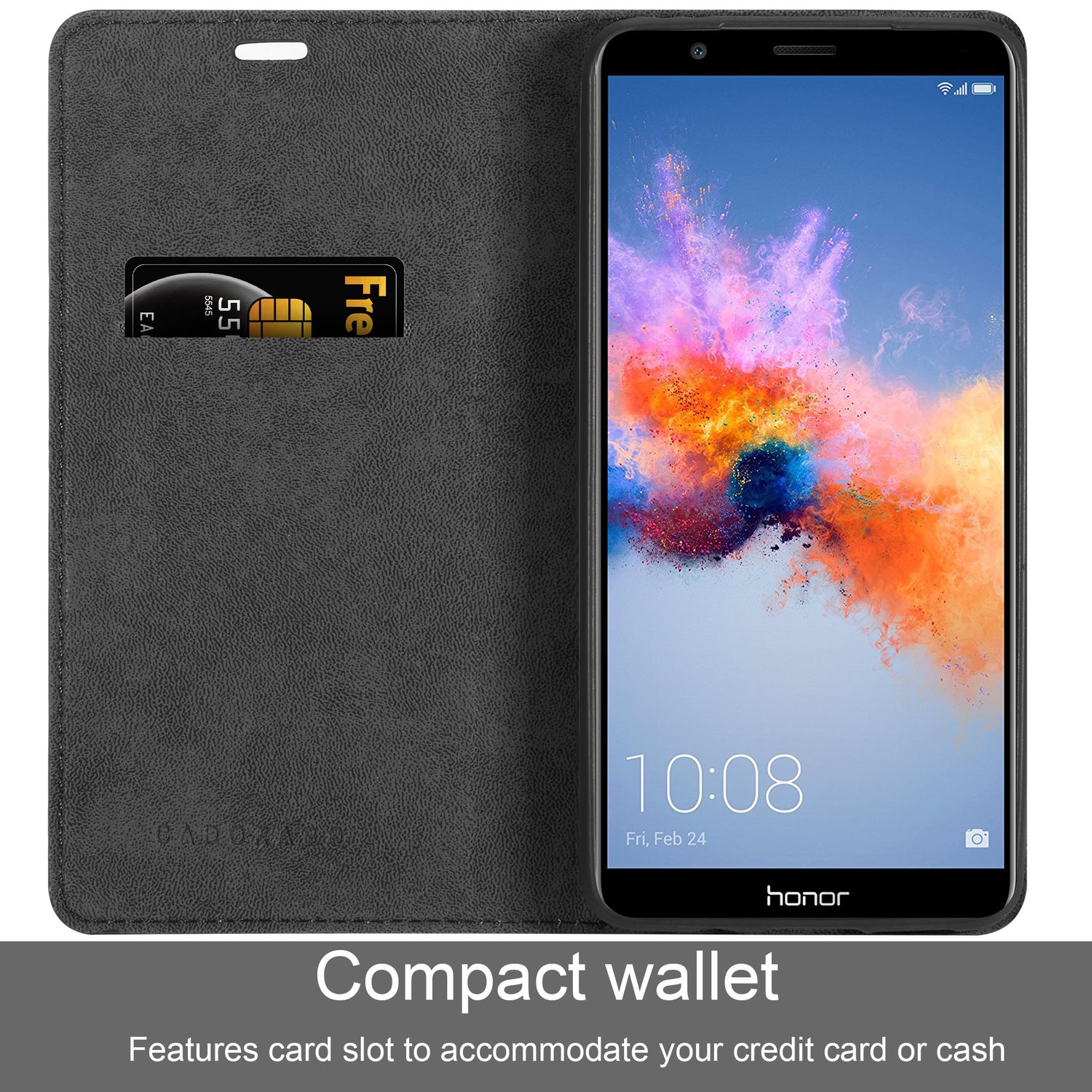 Funda de teléfono negra con ranura para tarjeta y teléfono. El teléfono muestra una imagen colorida.