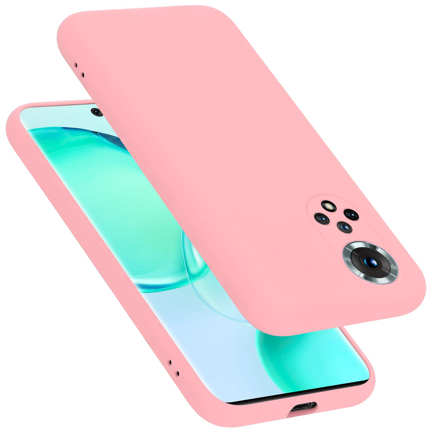 Eine rosa Handyhülle, offen, mit einem Telefon darin, das eine grün-weiße Grafik zeigt.