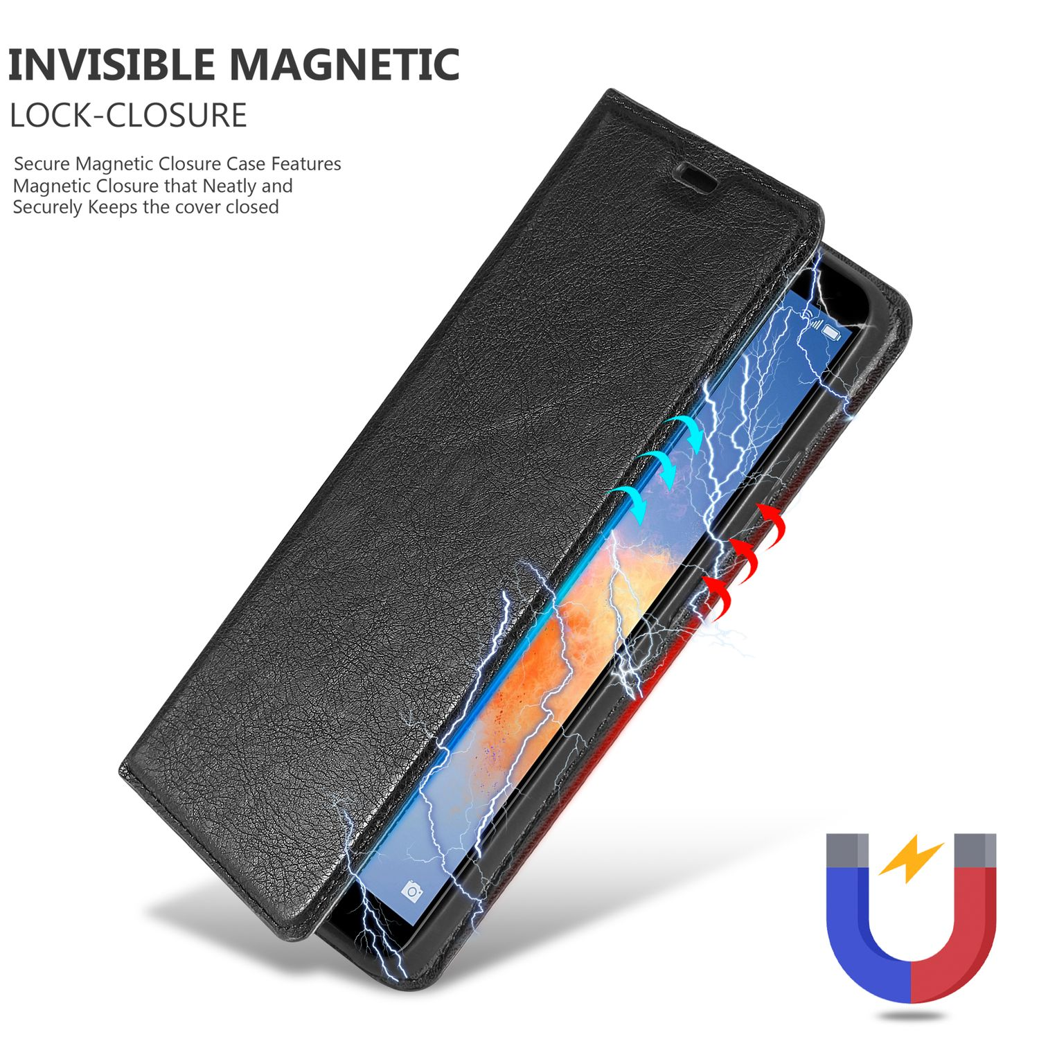 Una funda de teléfono negra con la tapa abierta, mostrando un teléfono con líneas de energía y un icono en U.
