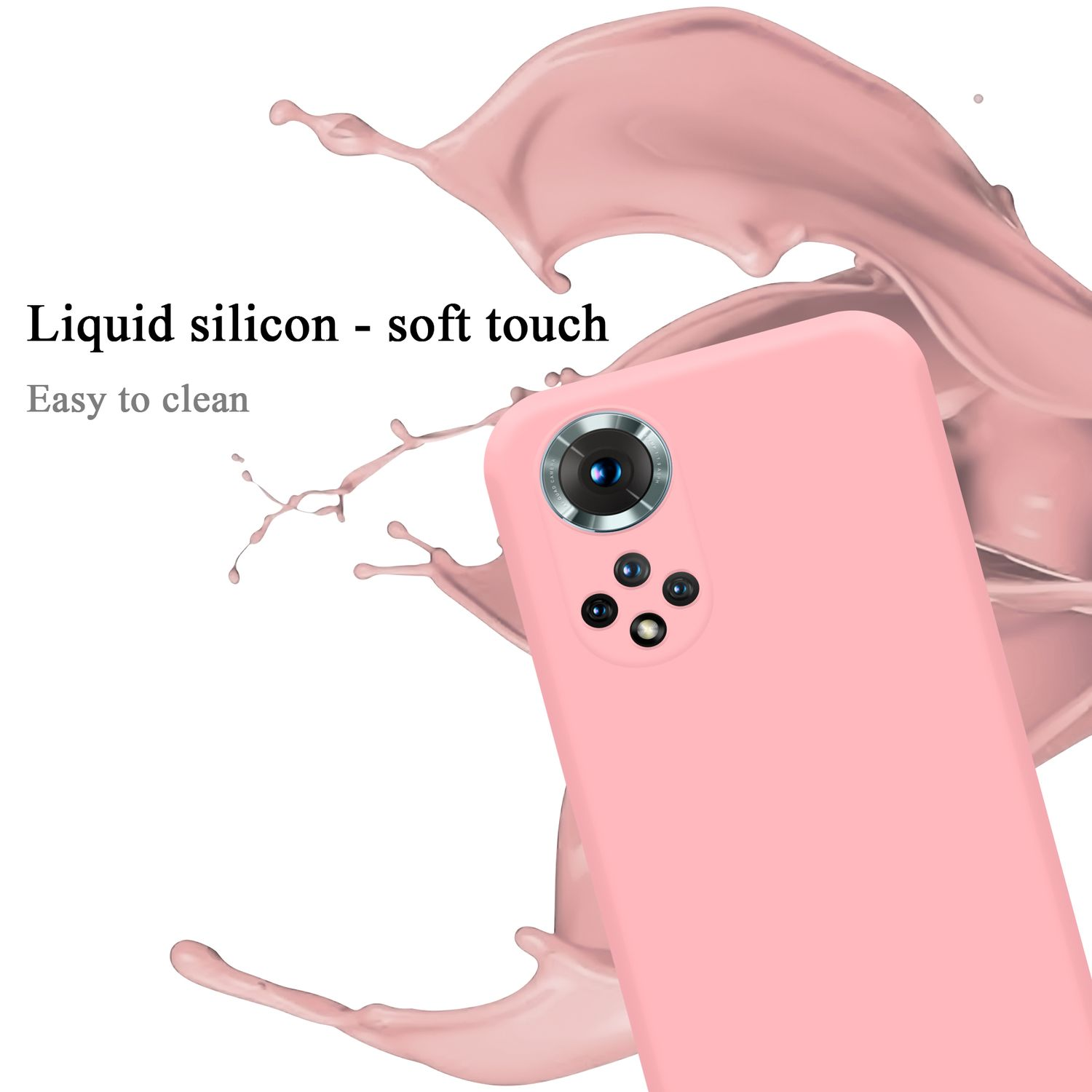 Rosa Handyhülle mit Kamera, Flüssigkeitsspritzer. Texte: flüssiges Silikon - Soft-Touch. Leicht zu reinigen.