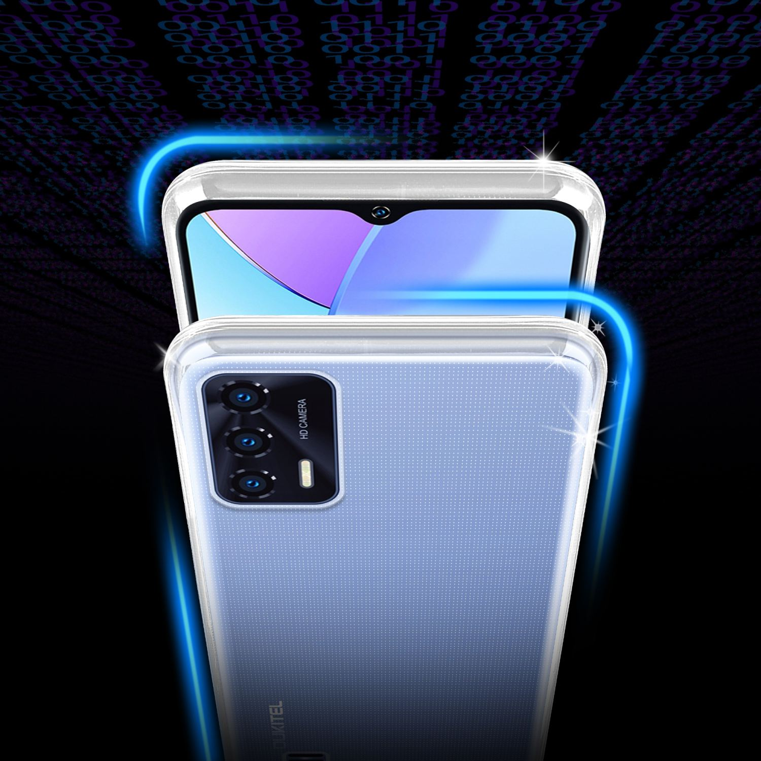 Telefono in una custodia trasparente con sfondo blu e viola, con un dettaglio che evidenzia il bordo superiore del telefono.