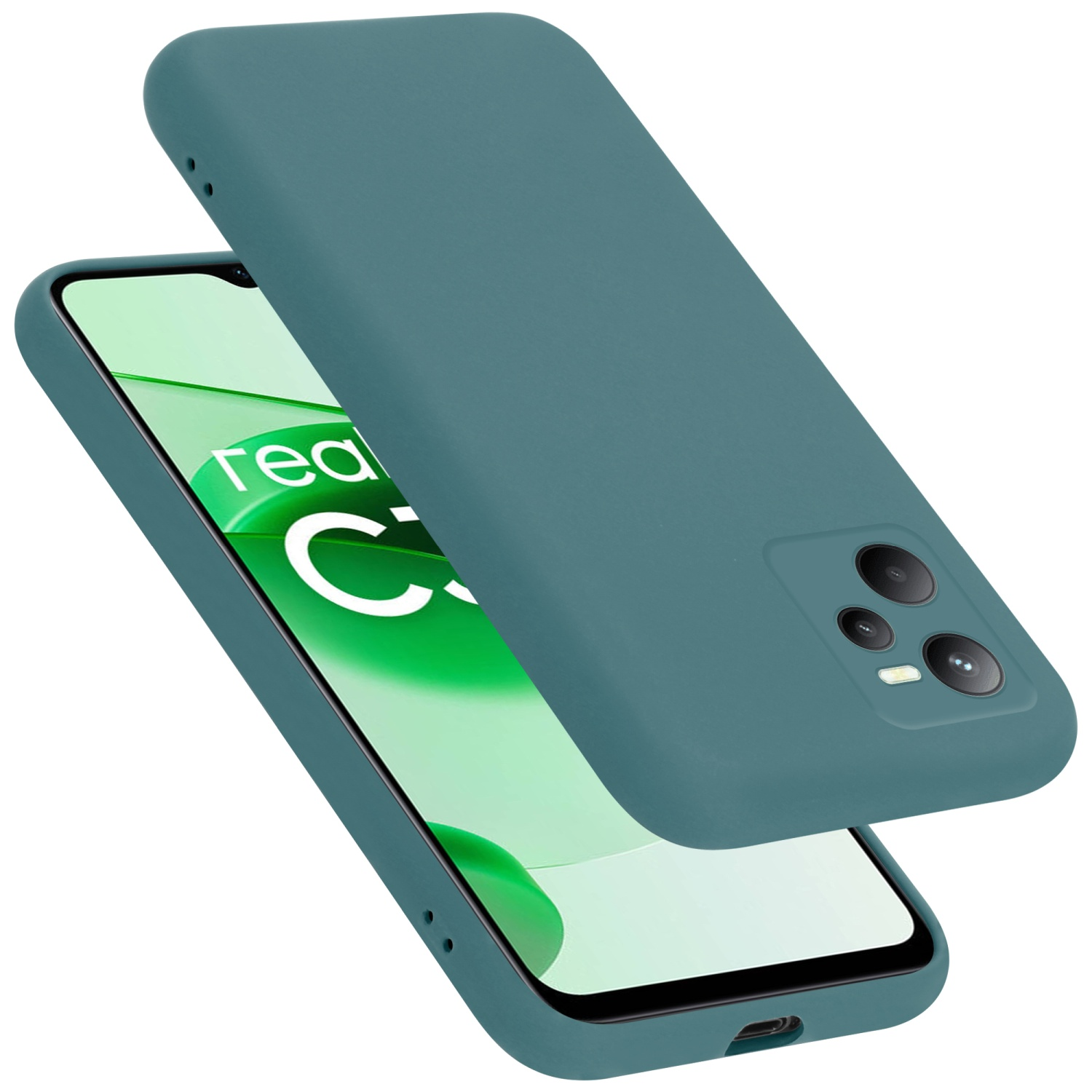 Türkisfarbene Handyhülle mit Telefon darin. Das Telefon zeigt Text auf dem Bildschirm. Gehäuse ist offen.