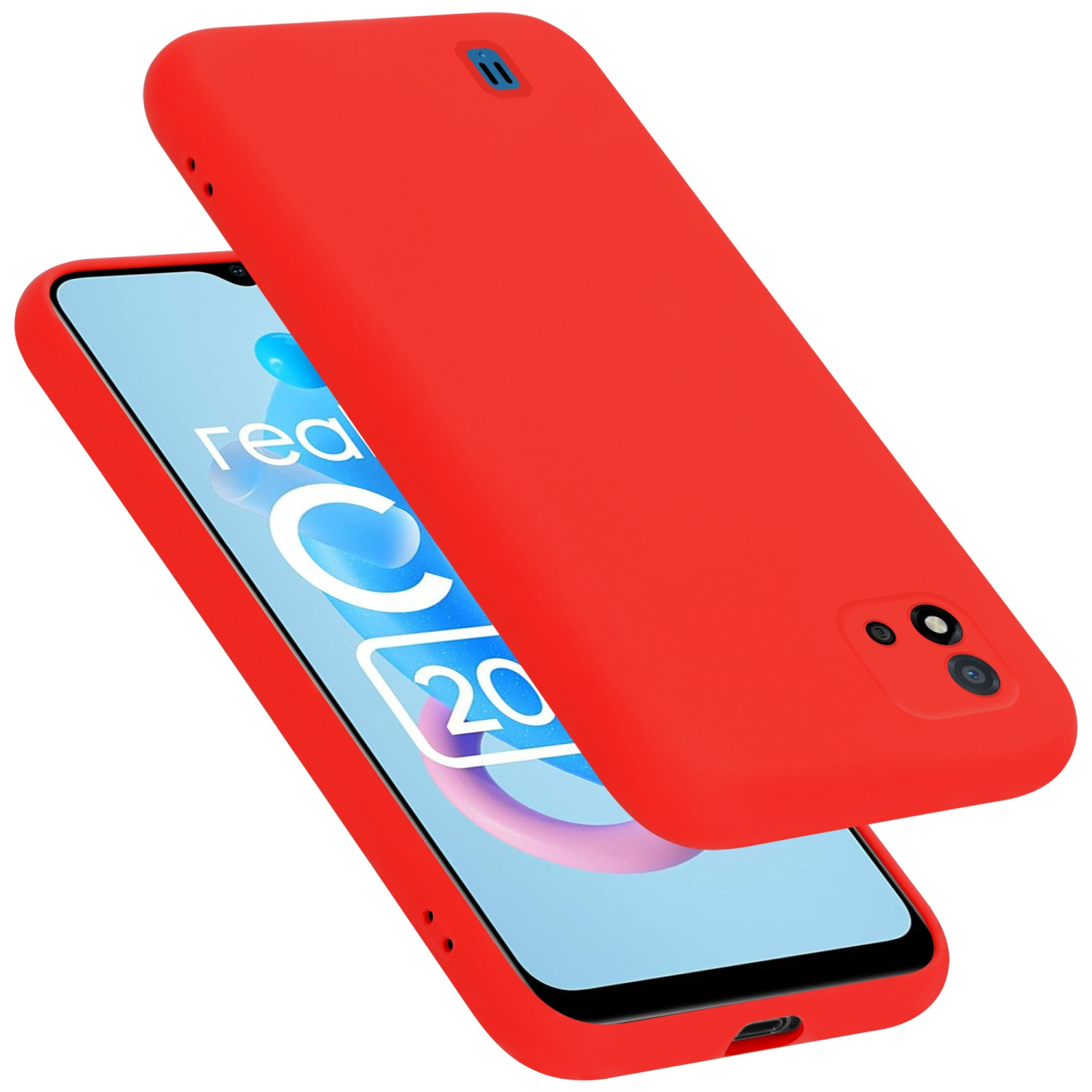 Rote Handyhülle mit Telefon. Rote Hülle, Telefon mit Bildschirm, schräge Ansicht.
