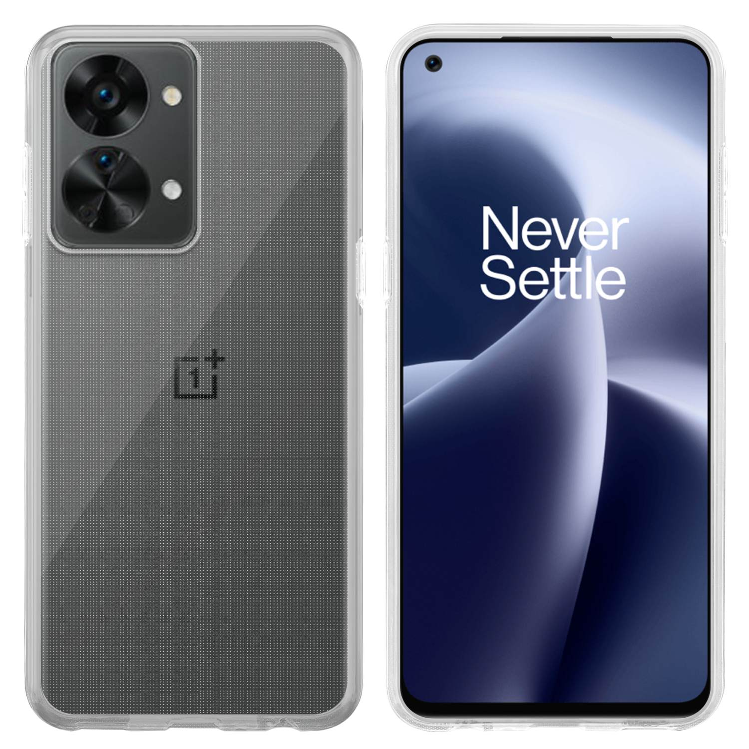 Due immagini: una di una custodia trasparente per telefono, l'altra di un telefono con schermo 'Never Settle'.