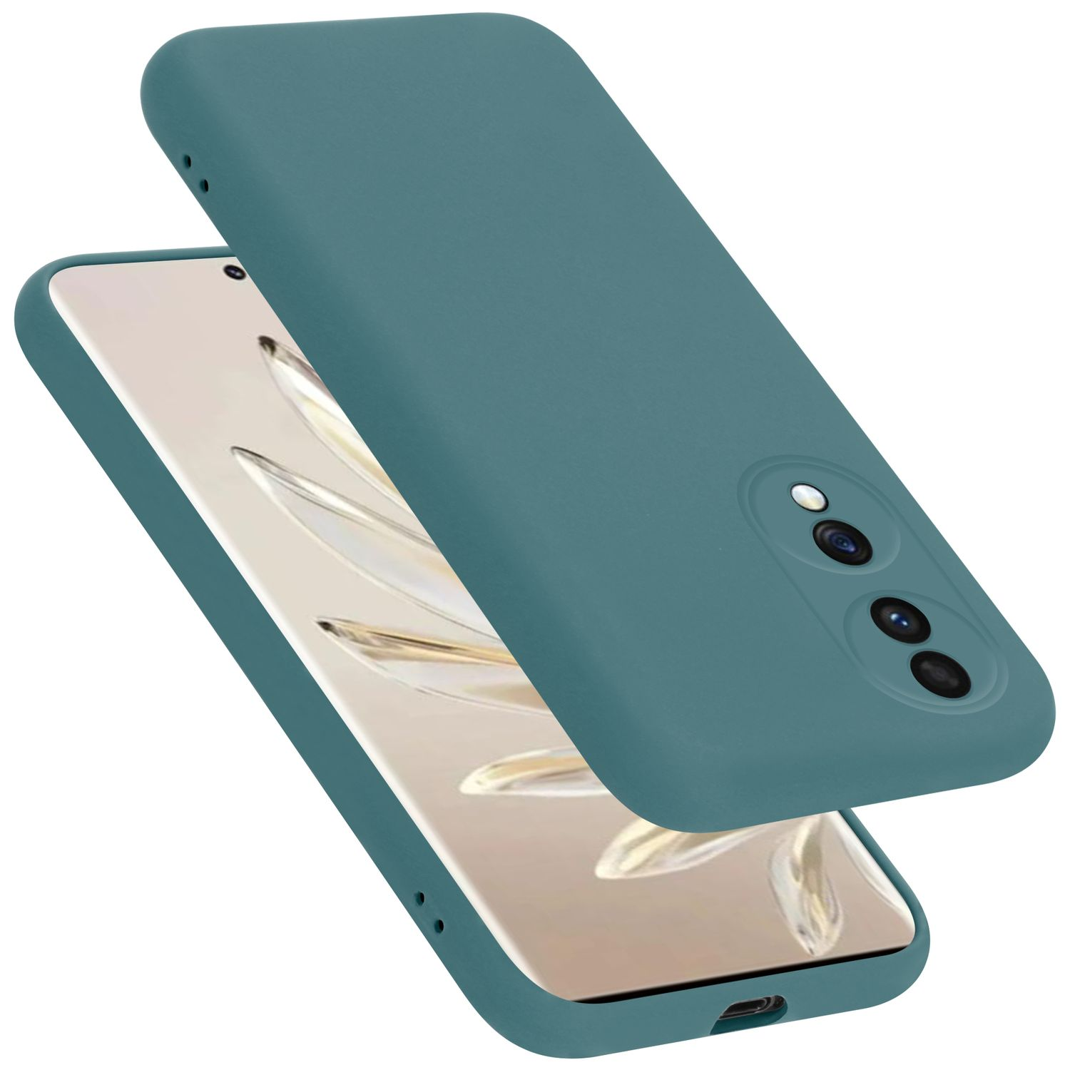 Türkisfarbene Handyhülle über einem Telefon mit dunklem Bildschirm. Die Hülle hat Kameraöffnungen.