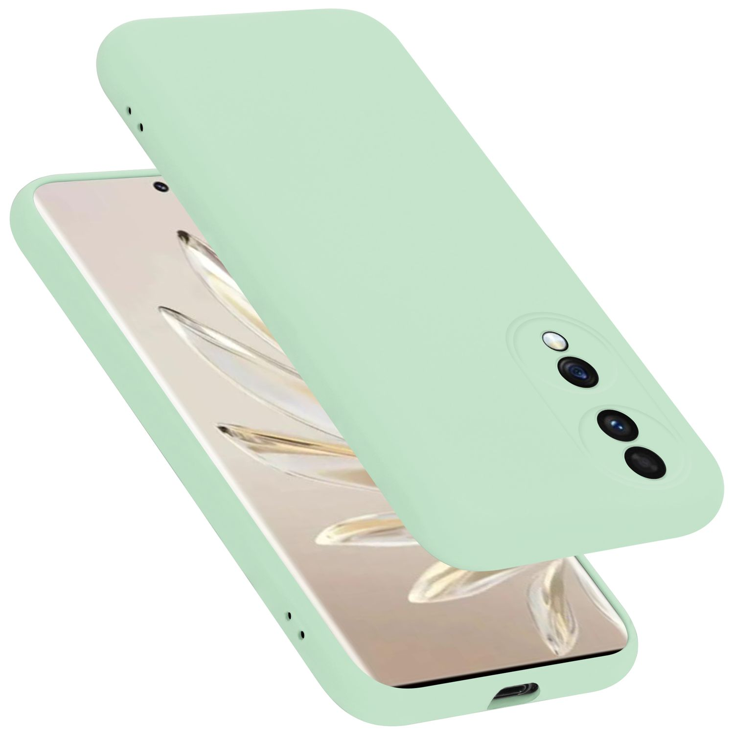 Grüne Handyhülle über einem Telefon mit farbenfrohem Bildschirm.