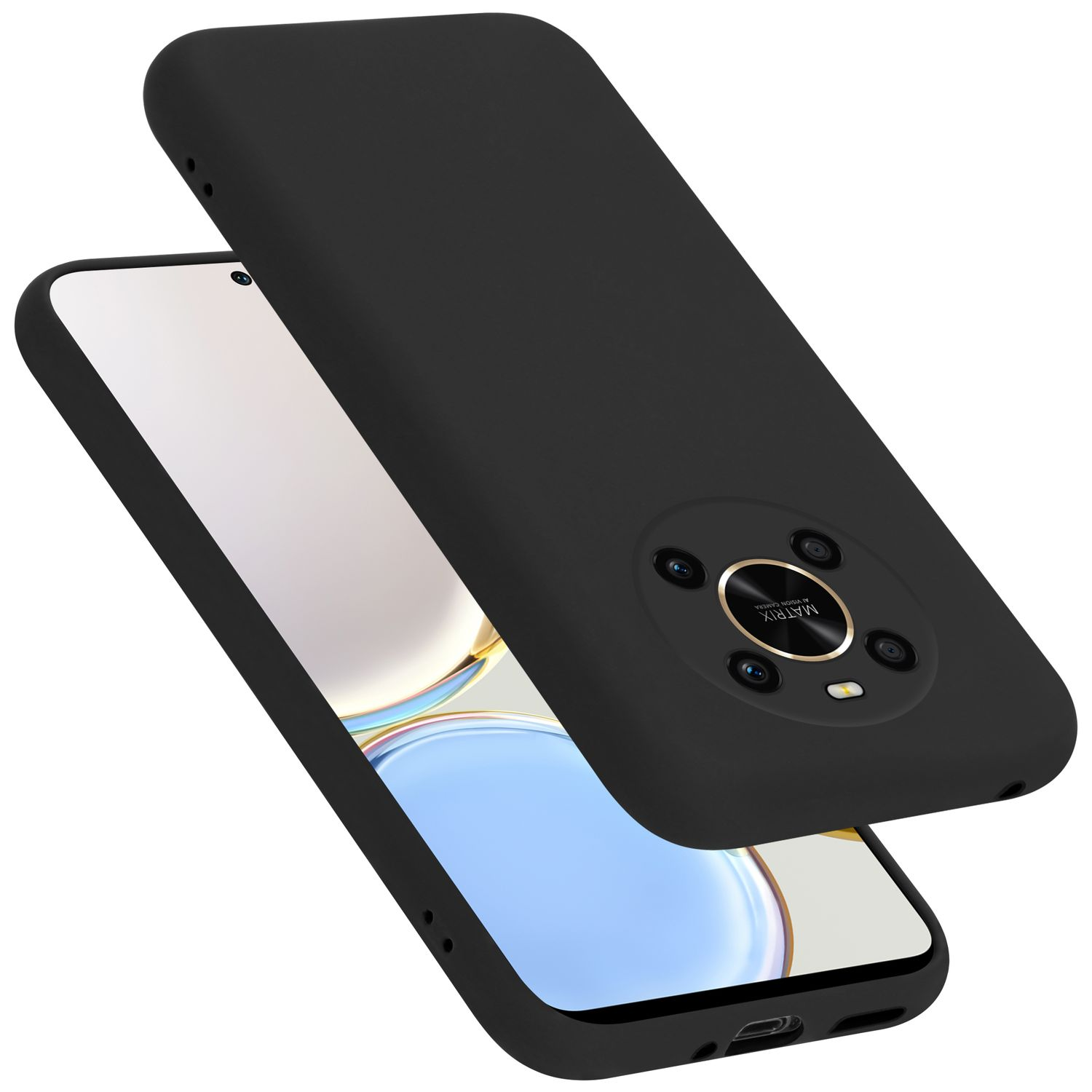 Custodia nera per telefono con telefono. Il telefono ha uno schermo blu e bianco, la custodia è anch'essa nera.