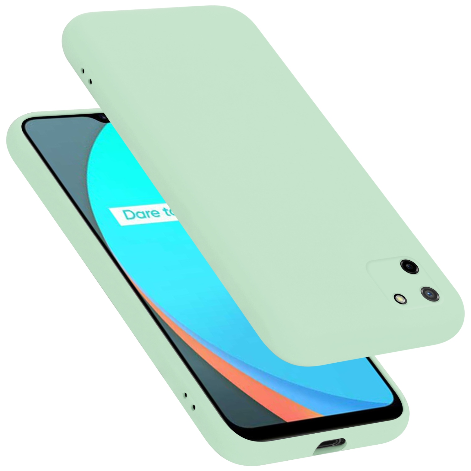 Minzgrüne Handyhülle mit Telefon. Hülle ist cremefarben.