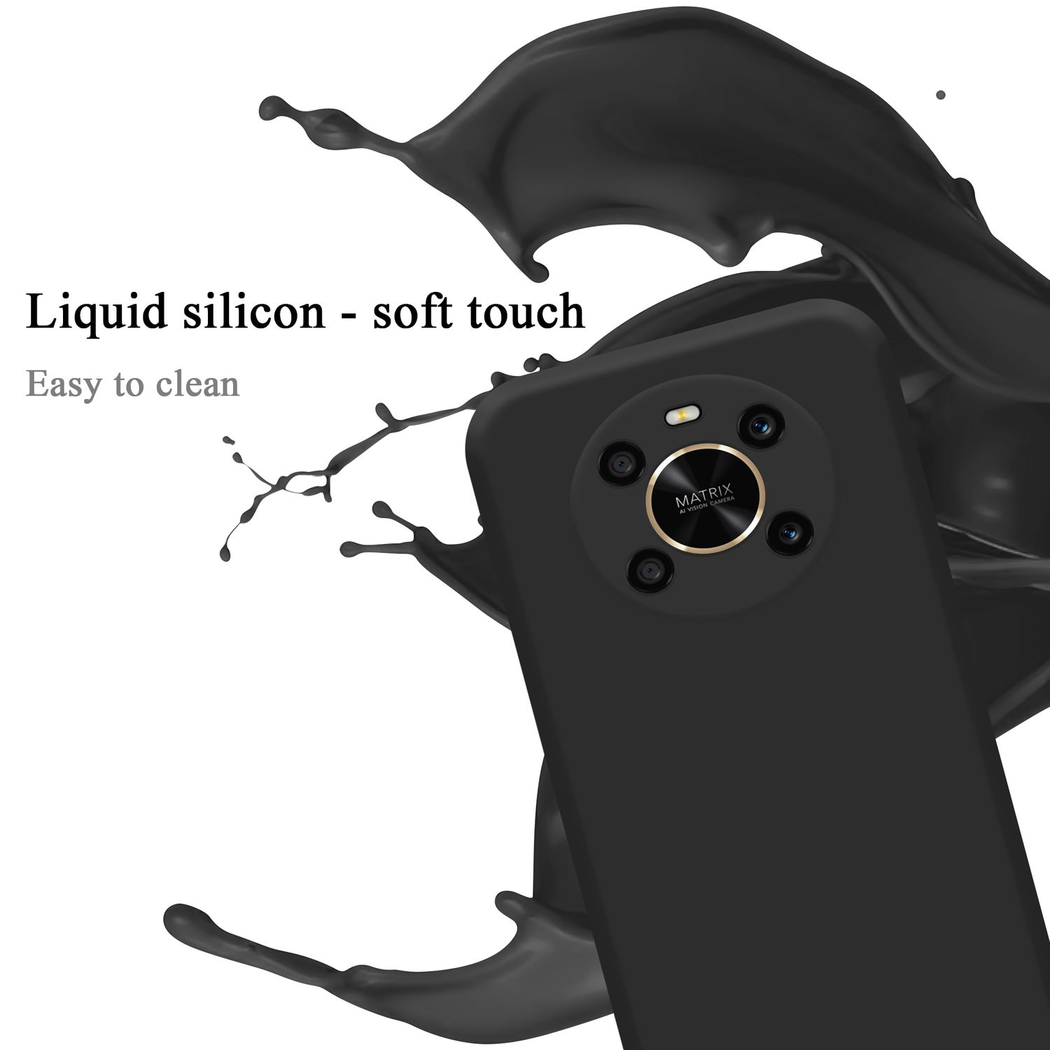 Custodia nera con schizzo di liquido nero. Multiple lenti della fotocamera visibili.