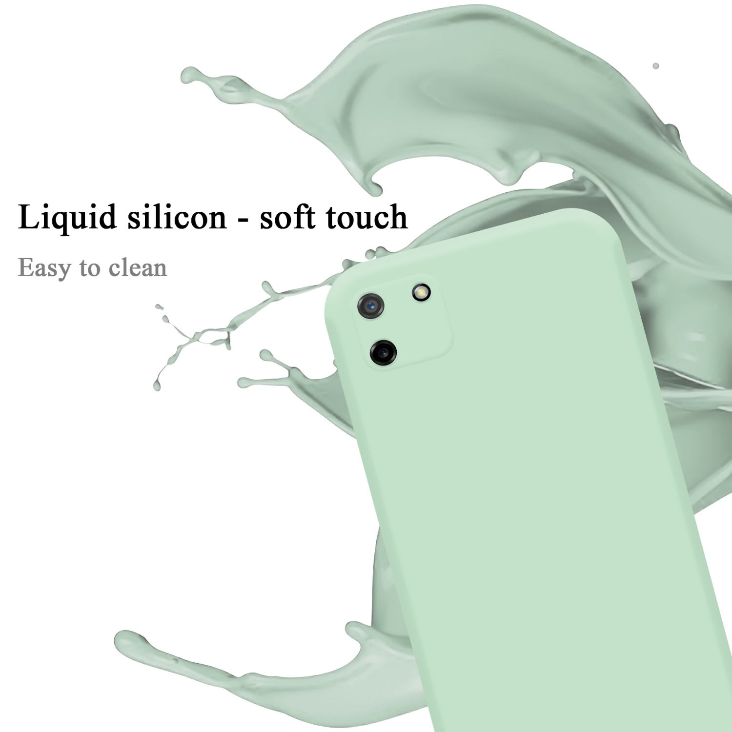 Hellgrüne Handyhülle und Spritzer auf weißem Grund. Text: Flüssiges Silikon - Soft-Touch, leicht zu reinigen.