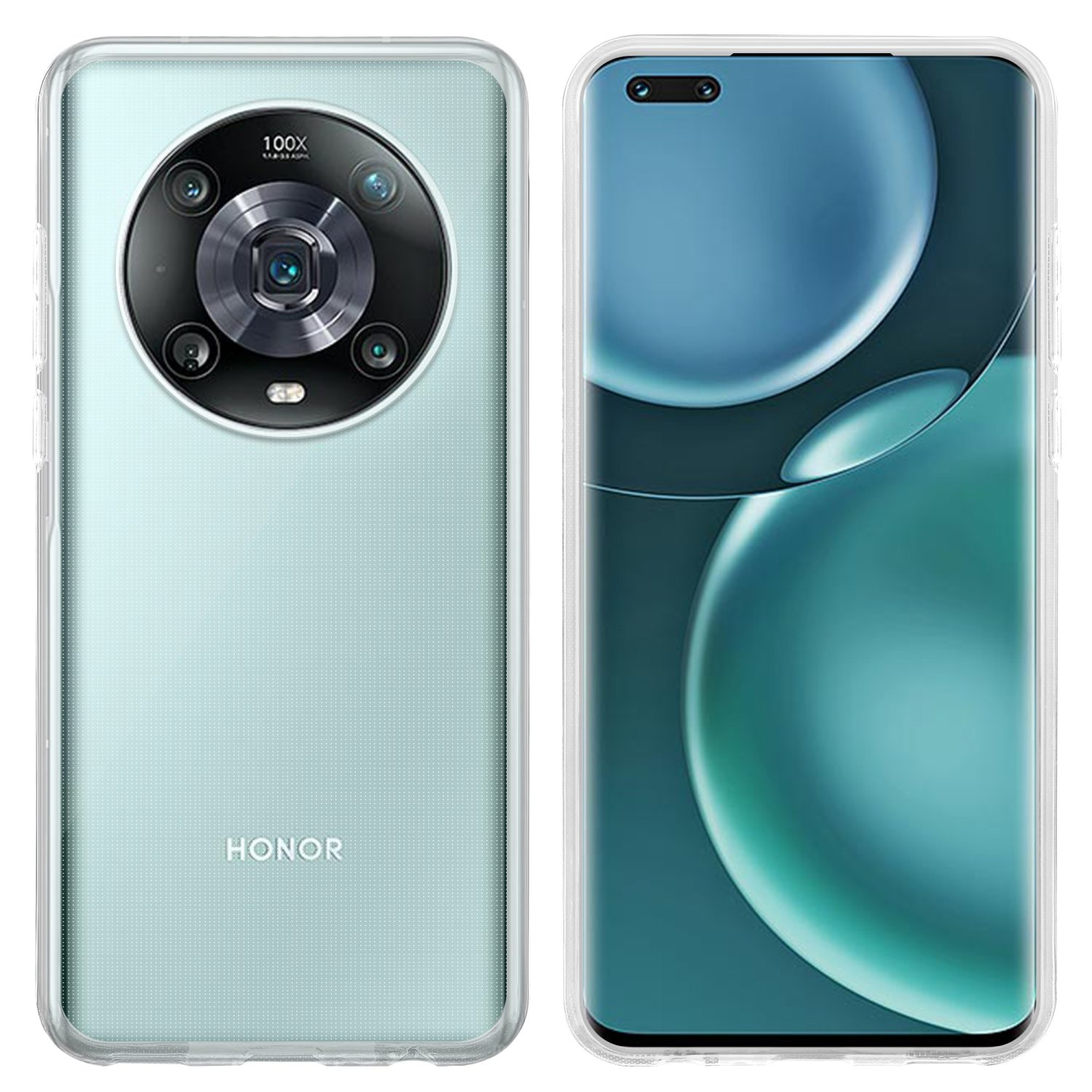 Zwei Smartphones in einer Hülle. Ein Telefon zeigt die Rückseite mit einer Kamera. Das andere zeigt die Vorderseite.