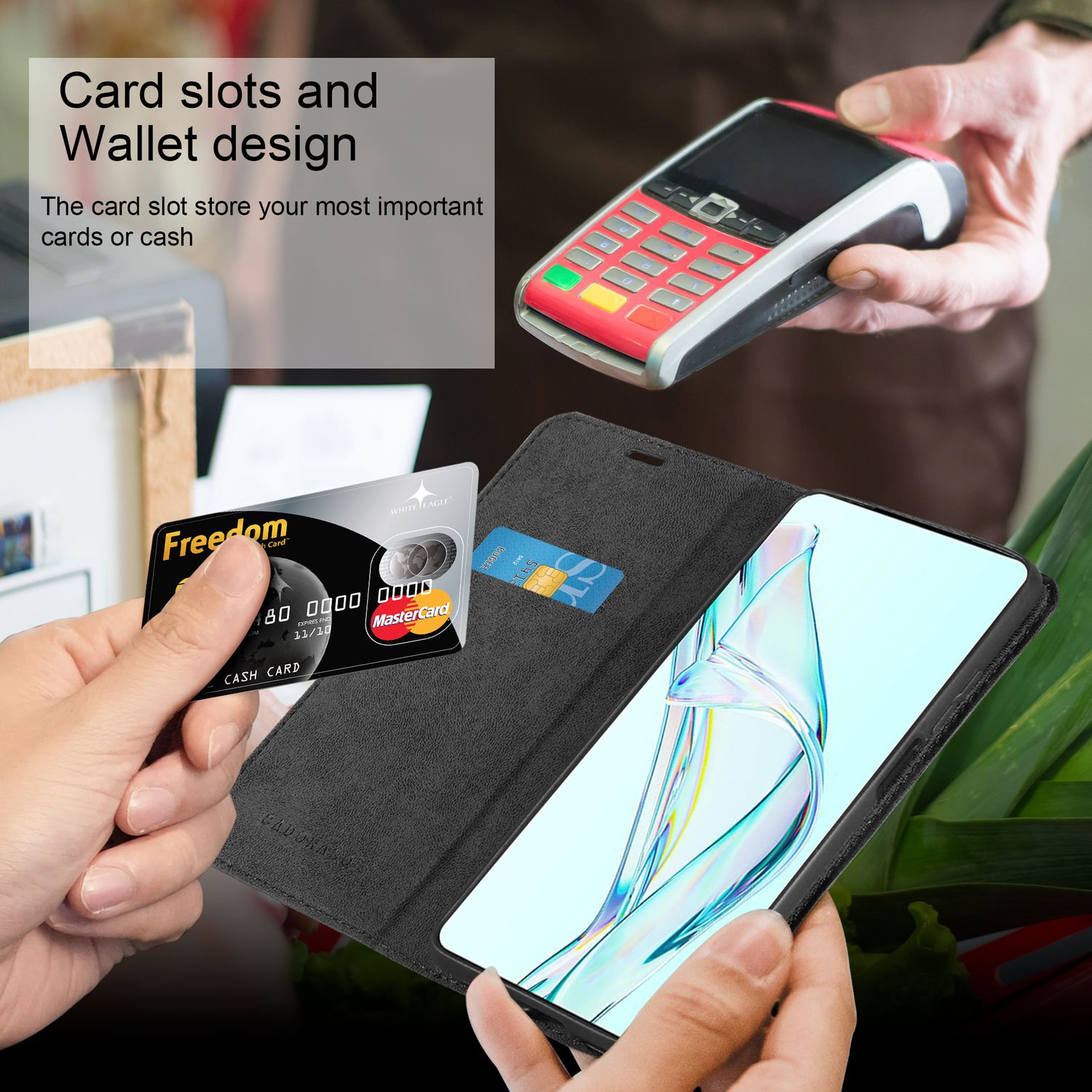 Vengono mostrate una carta di credito e una custodia per telefono con slot per schede, anche un terminale POS.