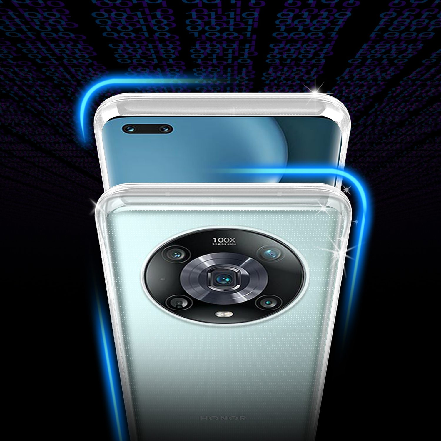 Zwei Telefone in transparenten Hüllen, eines über dem anderen. Schwarzer Hintergrund mit blauen Linien.