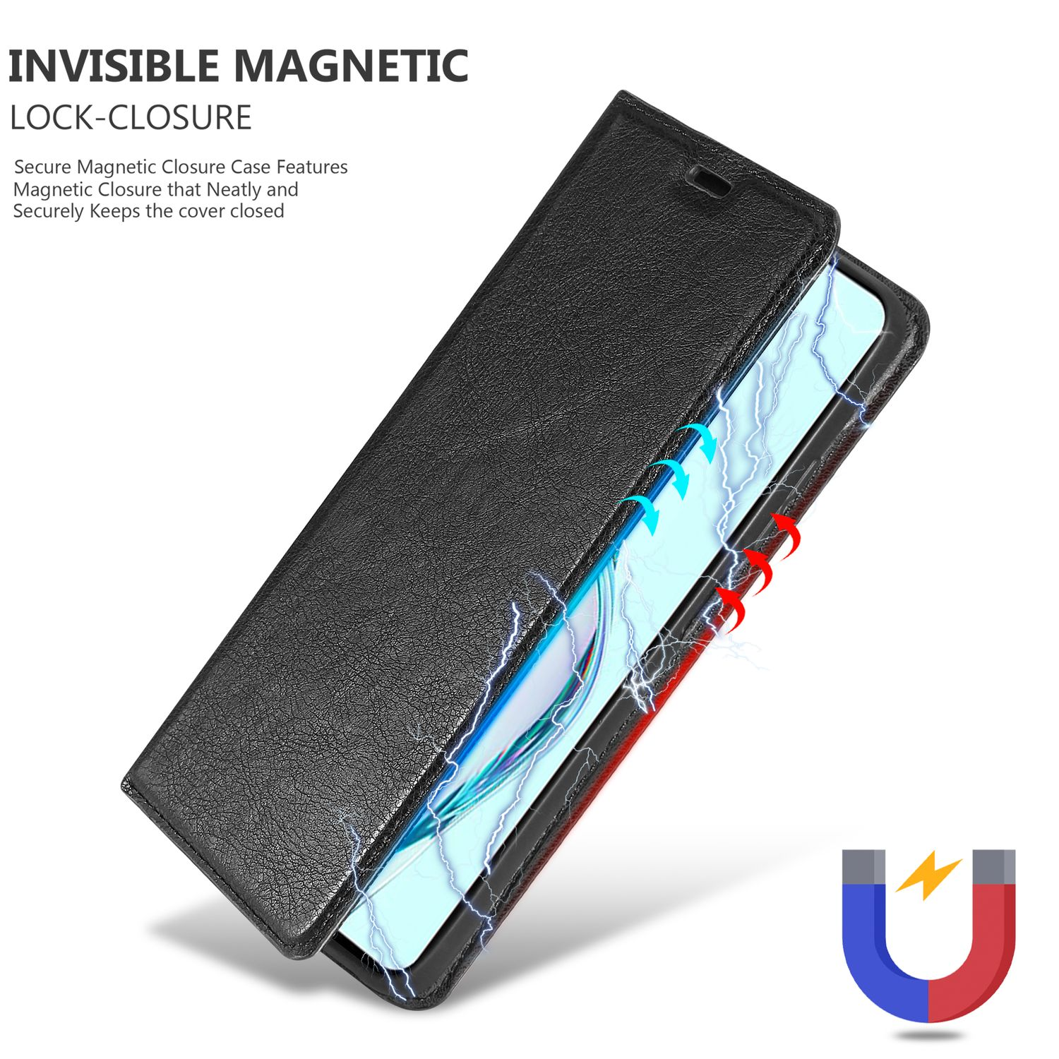 Una custodia per telefono nera con chiusura magnetica, che mostra un telefono all'interno con effetti di fulmini blu.