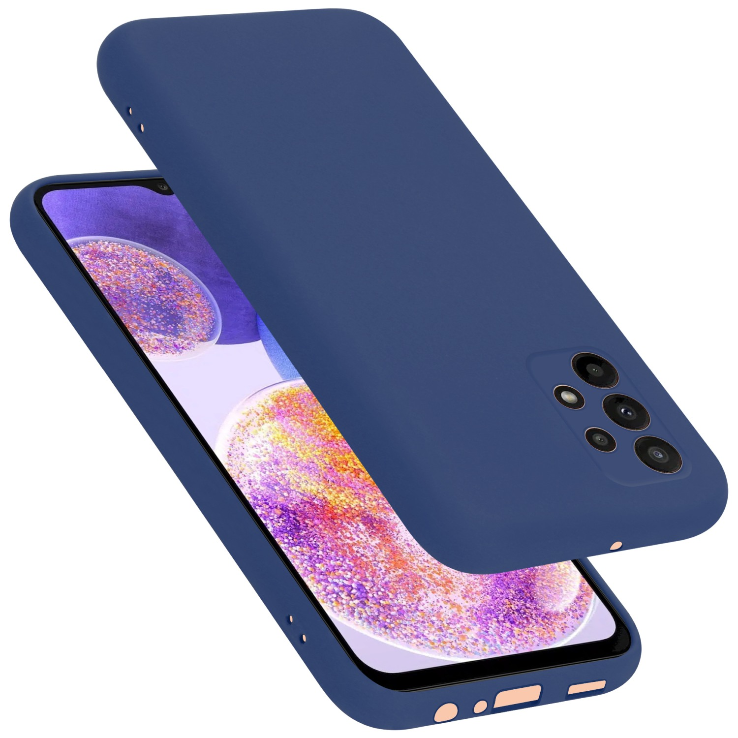 Blaue Handyhülle mit Telefon darin. Telefon und Hülle liegen auf weißer Oberfläche.
