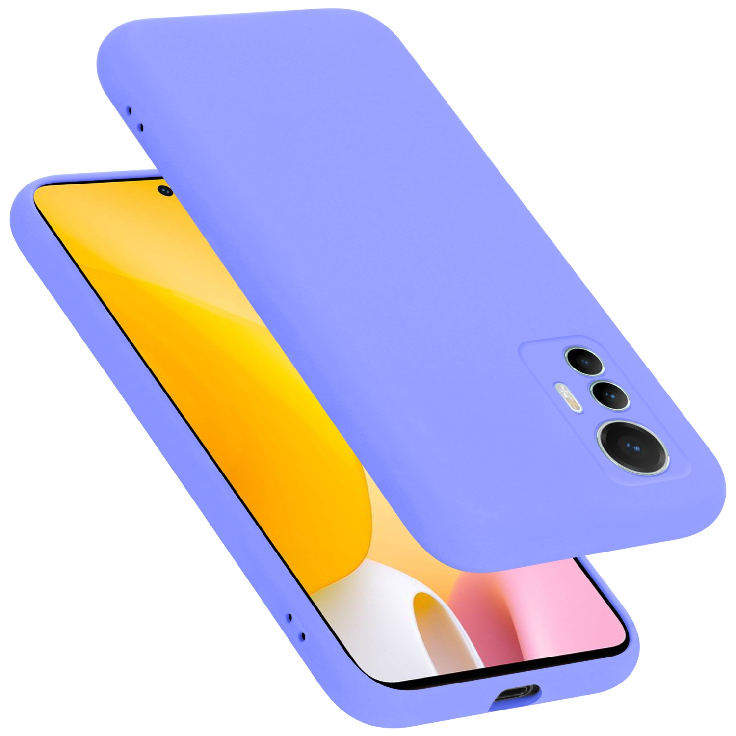 Lila Handyhülle und Telefon. Das Telefon ist abgewinkelt und zeigt den Bildschirm. Hülle ist hinten.