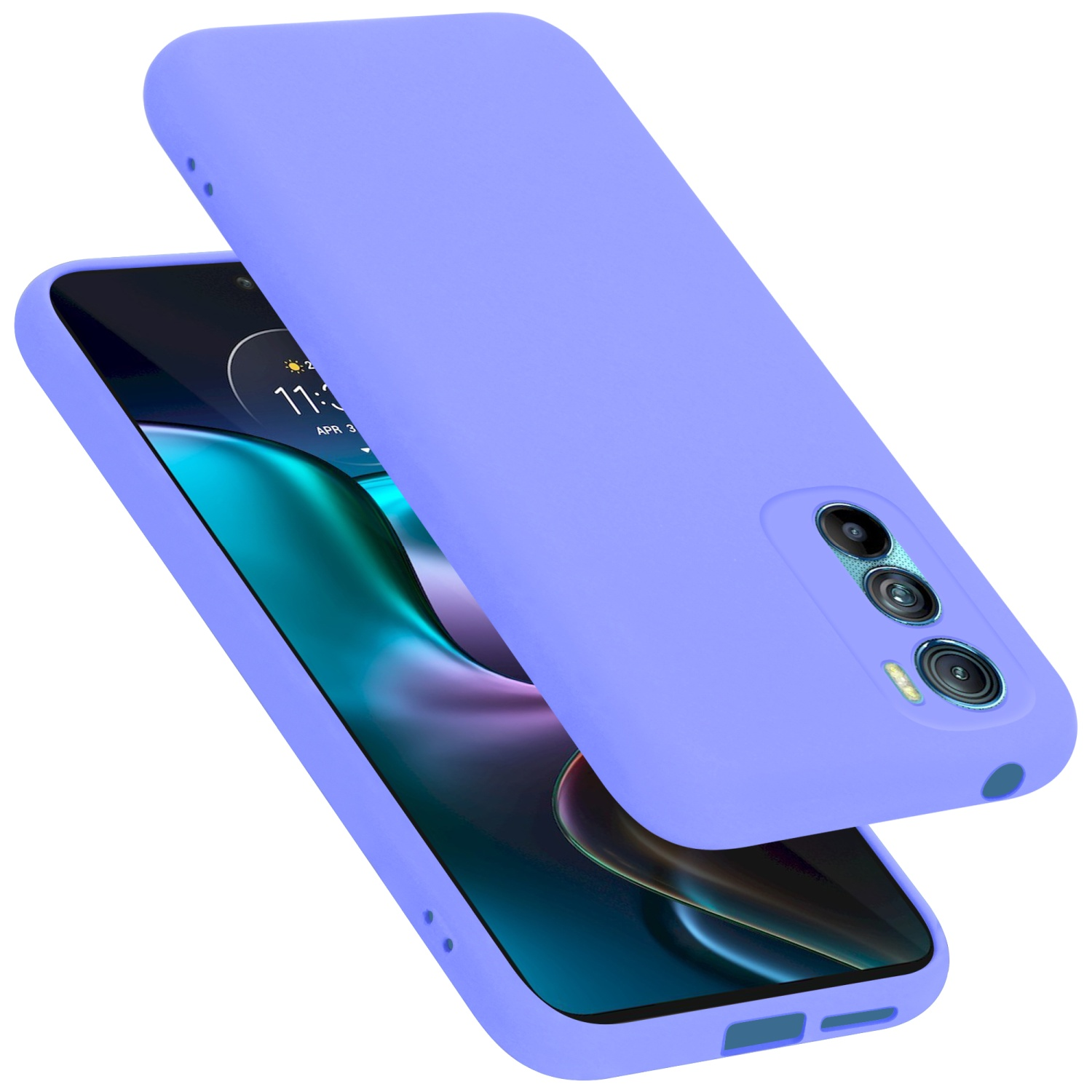 Lila Handyhülle auf einem Telefon. Der Bildschirm ist sichtbar. Die Hülle ist über dem Telefon.
