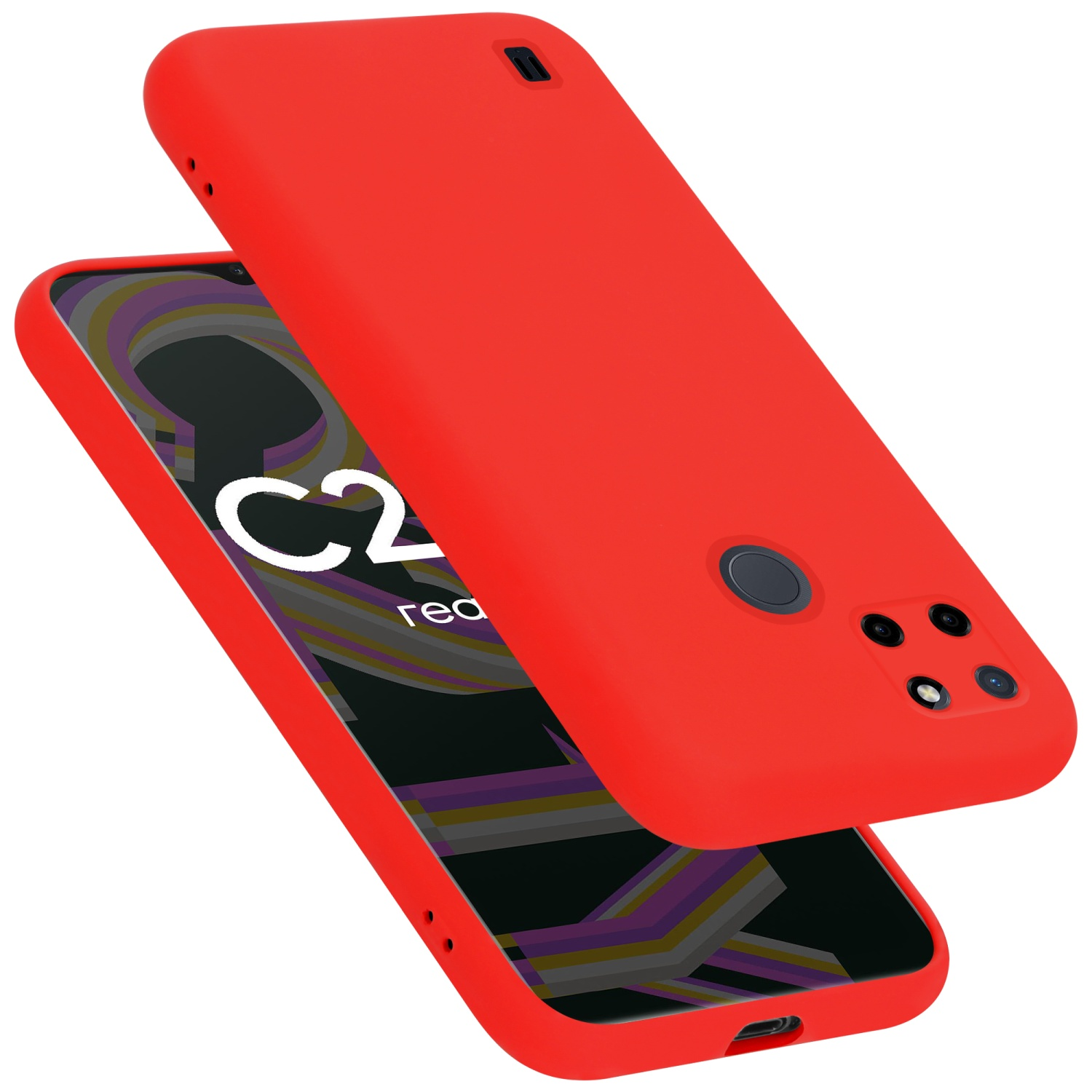 Rotes Telefon mit passendem Case, schräge Ansicht. Zeigt Bildschirm und Kameradetails.