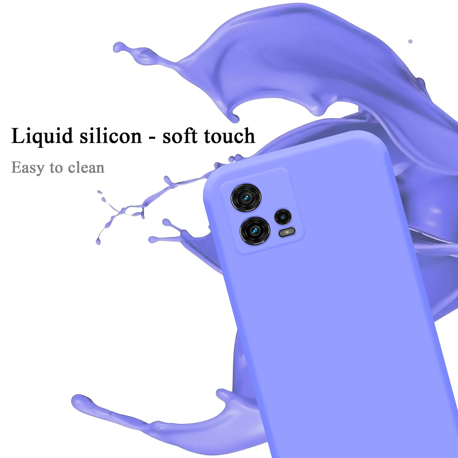 Custodia viola per telefono con lenti della fotocamera. Schizzi di liquido attorno al telefono. Testo: Silicone liquido - tocco morbido, facile da pulire.
