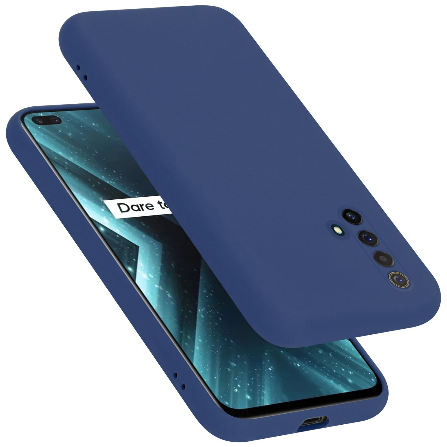 Blaue Handyhülle, offen, mit Telefon. Dare to auf dem Bildschirm.