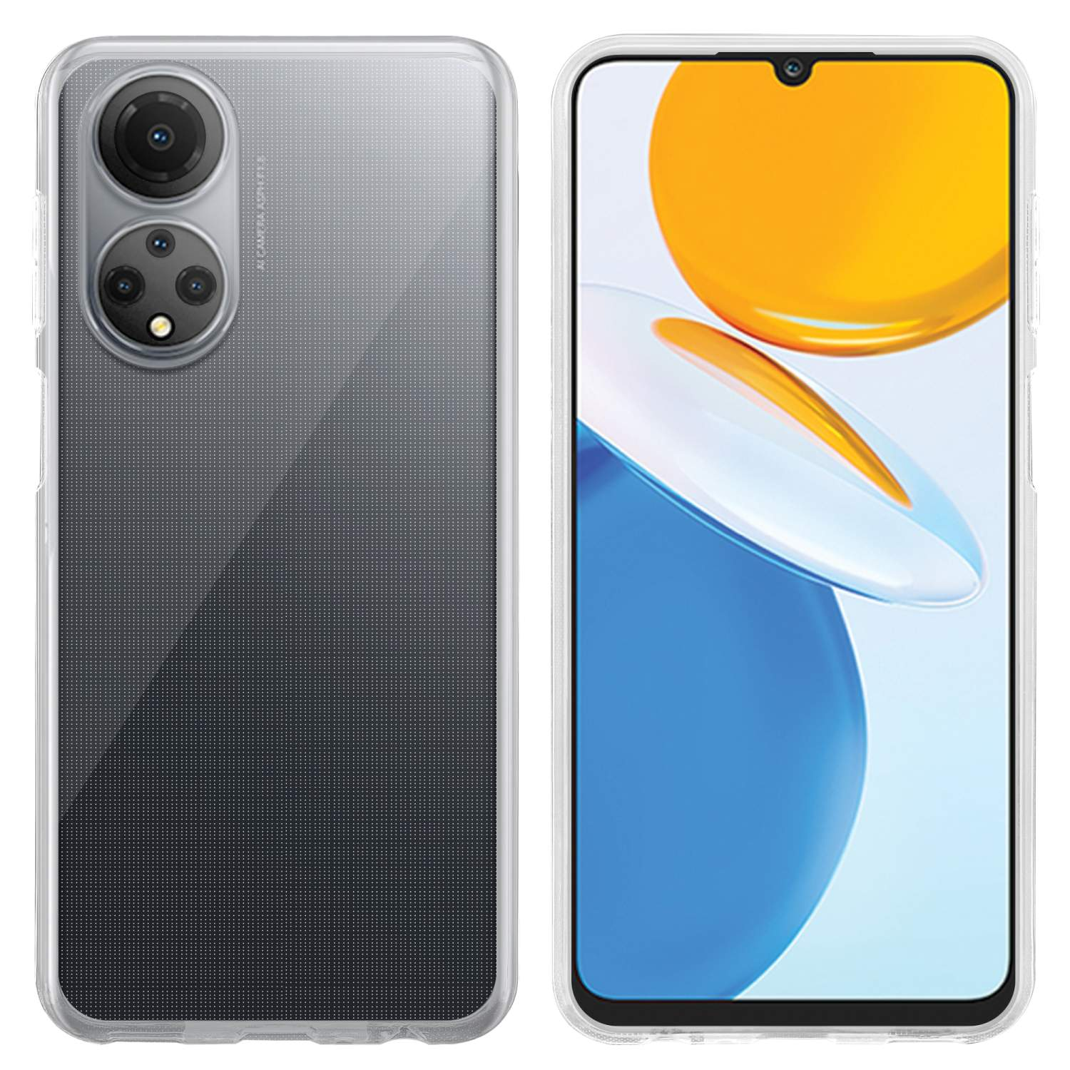 Transparente Handyhülle mit einem Telefon darin, zeigt die Rück- und Vorderseite.